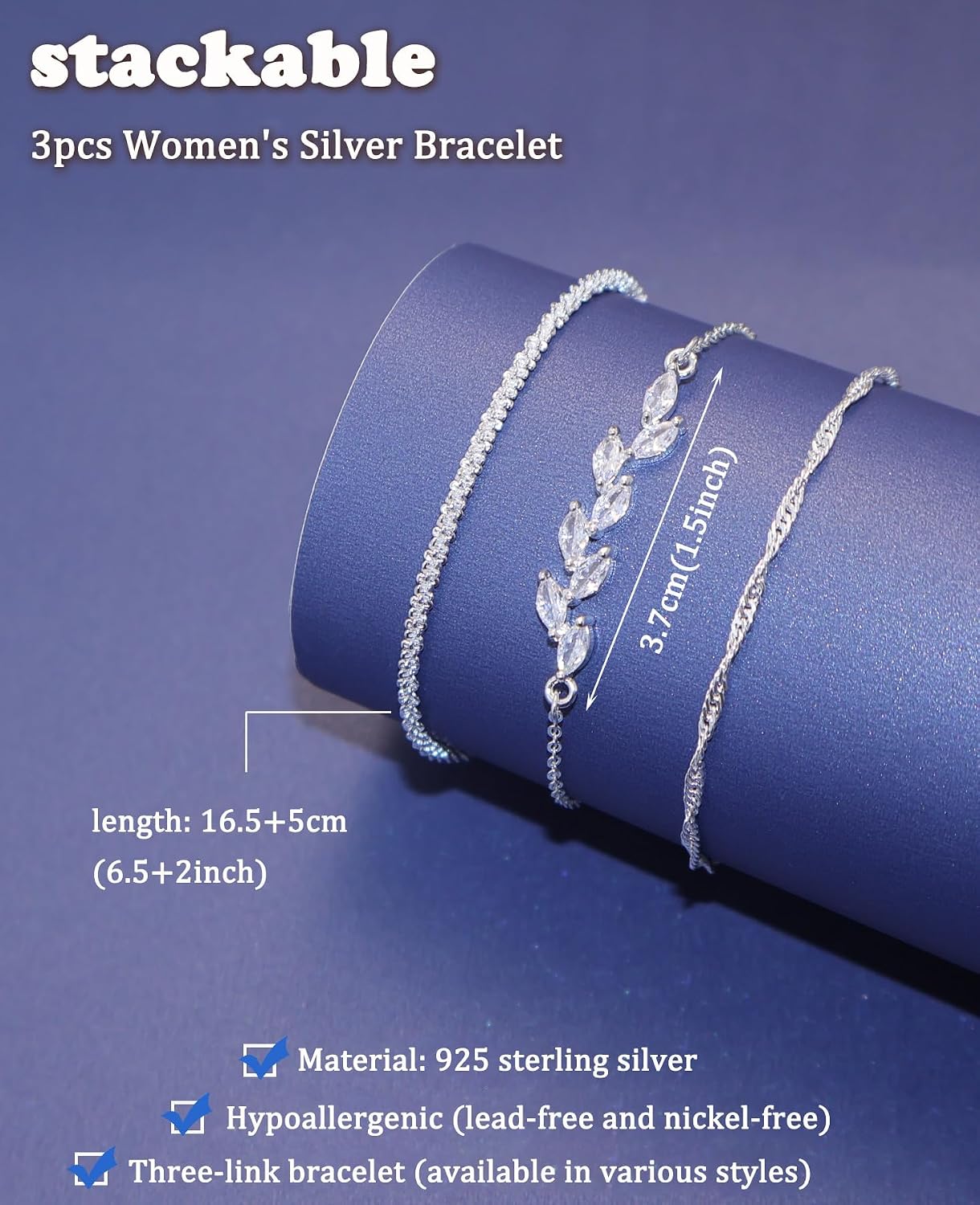 Aidenn 3 Pieces 925 Sterling Silver Bracelet Women's Silver Zirconia Accents Bracelets Set Adjustable Stackable Chain Bracelet Jewellery for Women Girls as a Gift – Bild 4