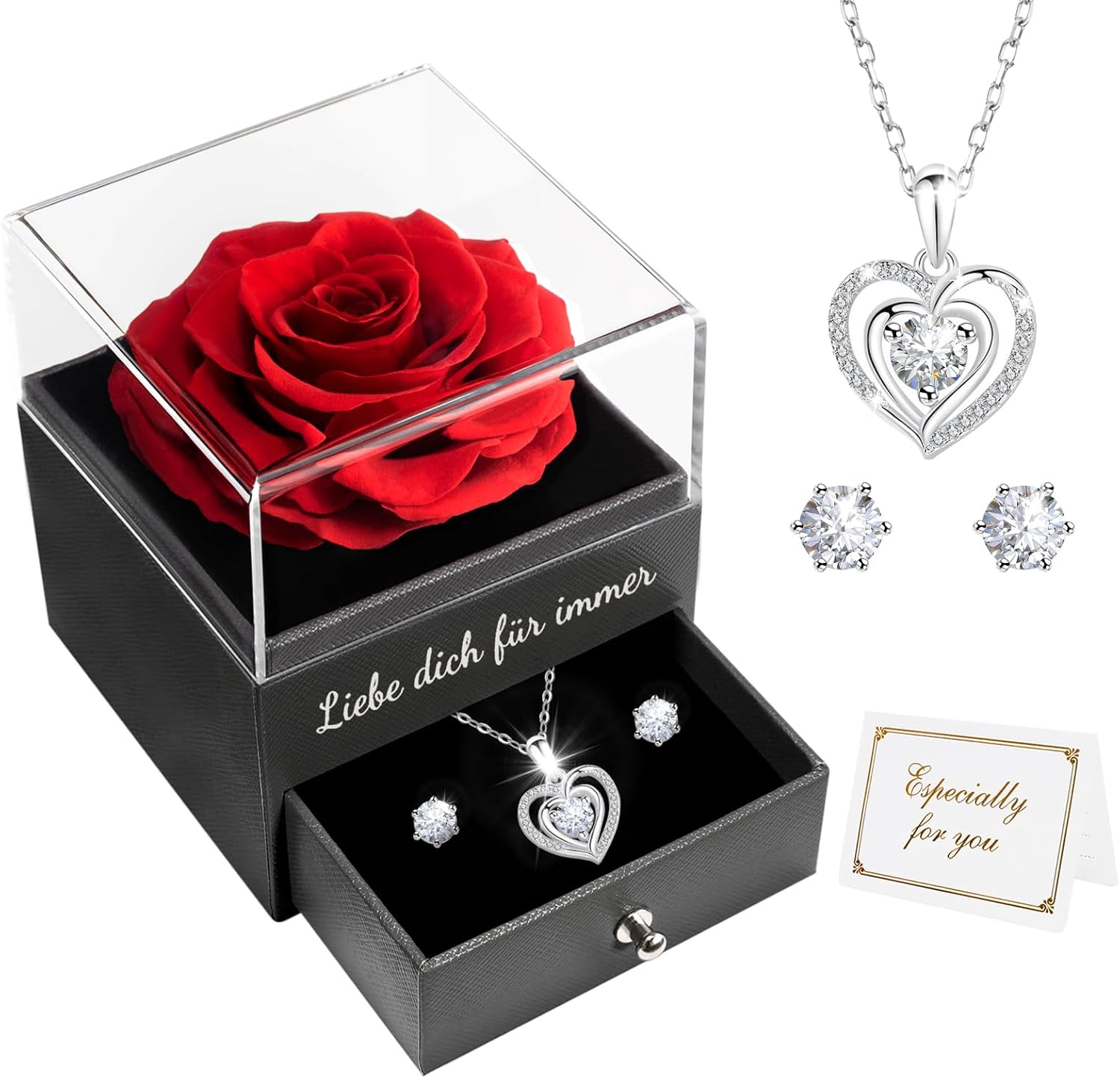 Miofula Eternal Rose Gifts for Women, Infinity Rose Box with Heart Necklace Earrings Silver 925, Flower Chain Birthday Gift for Women, Mum, Grandma, Girlfriend Gift, Christmas, Birthday, Anniversary