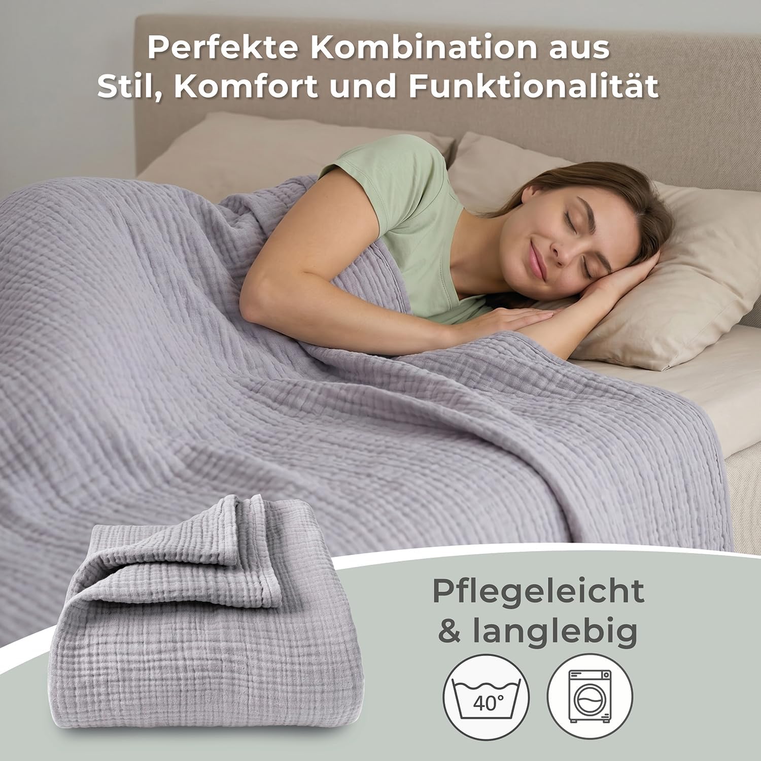 LAYNENBURG Premium Muslin Bedspread 150 x 200 cm - 100% Cotton - Extra Soft, Lightweight Summer Blanket as Cuddly Blanket, Bed Throw, Cotton Blanket, Couch Throw - Warm Sofa Blanket (Grey) – Bild 6