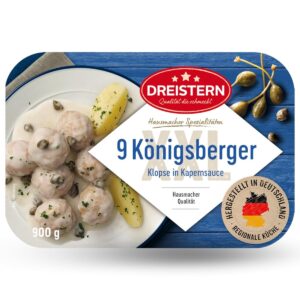 DREISTERN Königsberger Klopse 900 g I 9 Knops in Light Caper Sauce I Hearty Ready Meal in Microwave Dish I Long Shelf Life Thanks to Natural Preservation I Homemade Quality