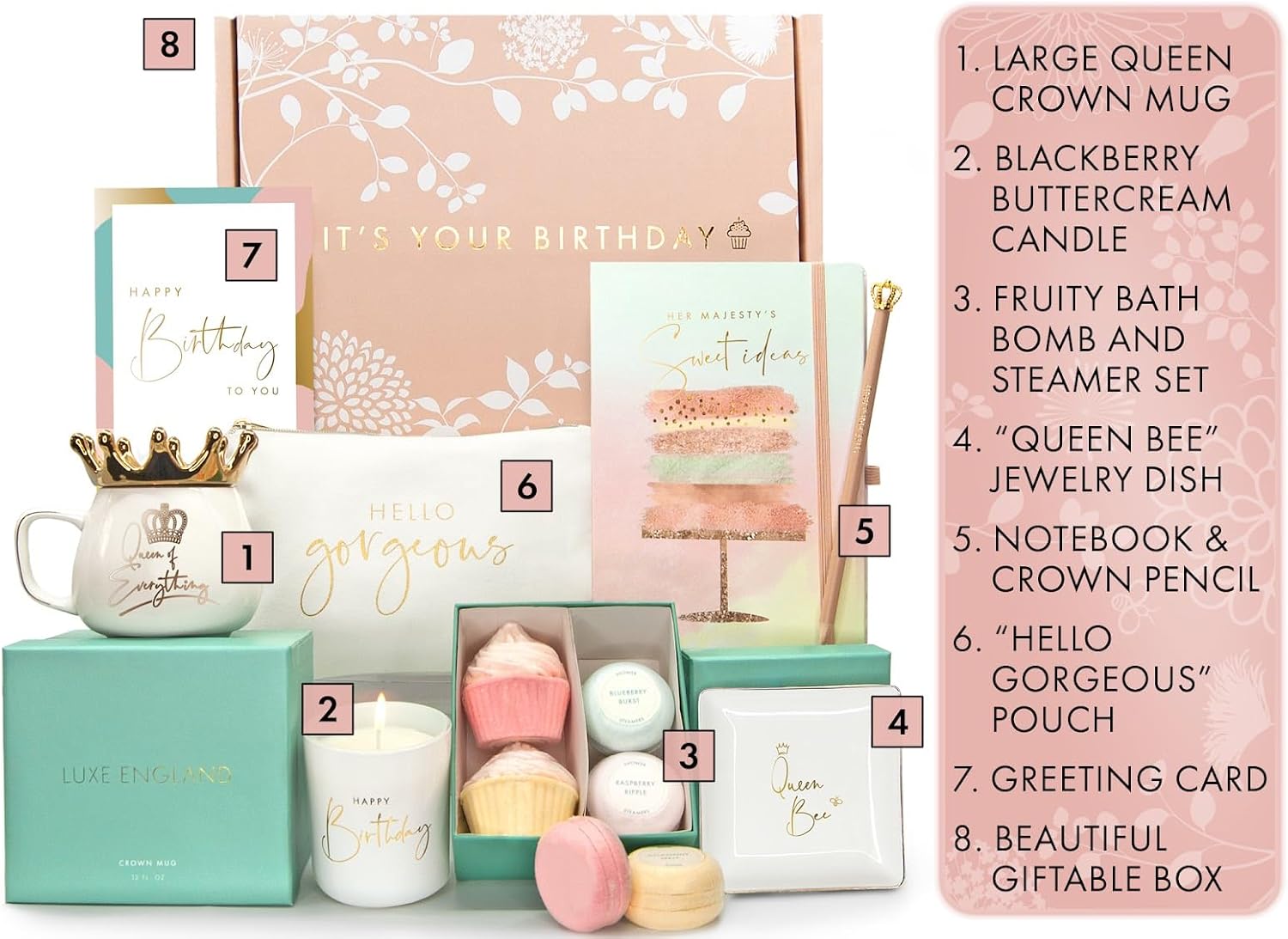 Happy Birthday Box for Women - Unique Birthday Gifts Best Friend, Sister, Daughter, Mother - Gift Baskets Her Birthday from Luxe England Gifts, Pink and Turquoise – Bild 2