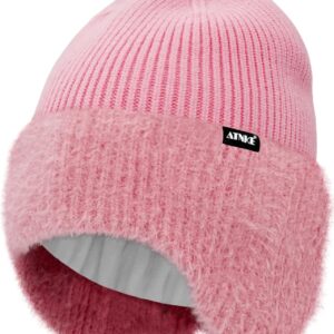 ATNKE Knitted Beanie Hat with Ear Flaps for Men and Women, Stretchy Thick Warm Fleece Lined Everyday Winter Soft with Cuffs Wooly Skull Hat Gifts