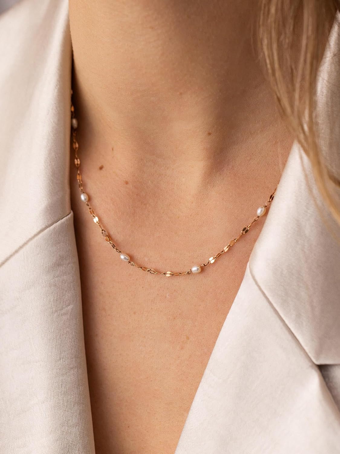 Purelei Delicate Pearl Necklace for Women, Stainless Steel Chain with Freshwater Pearls, Fine Pearl Necklace with Adjustable Length – Bild 3