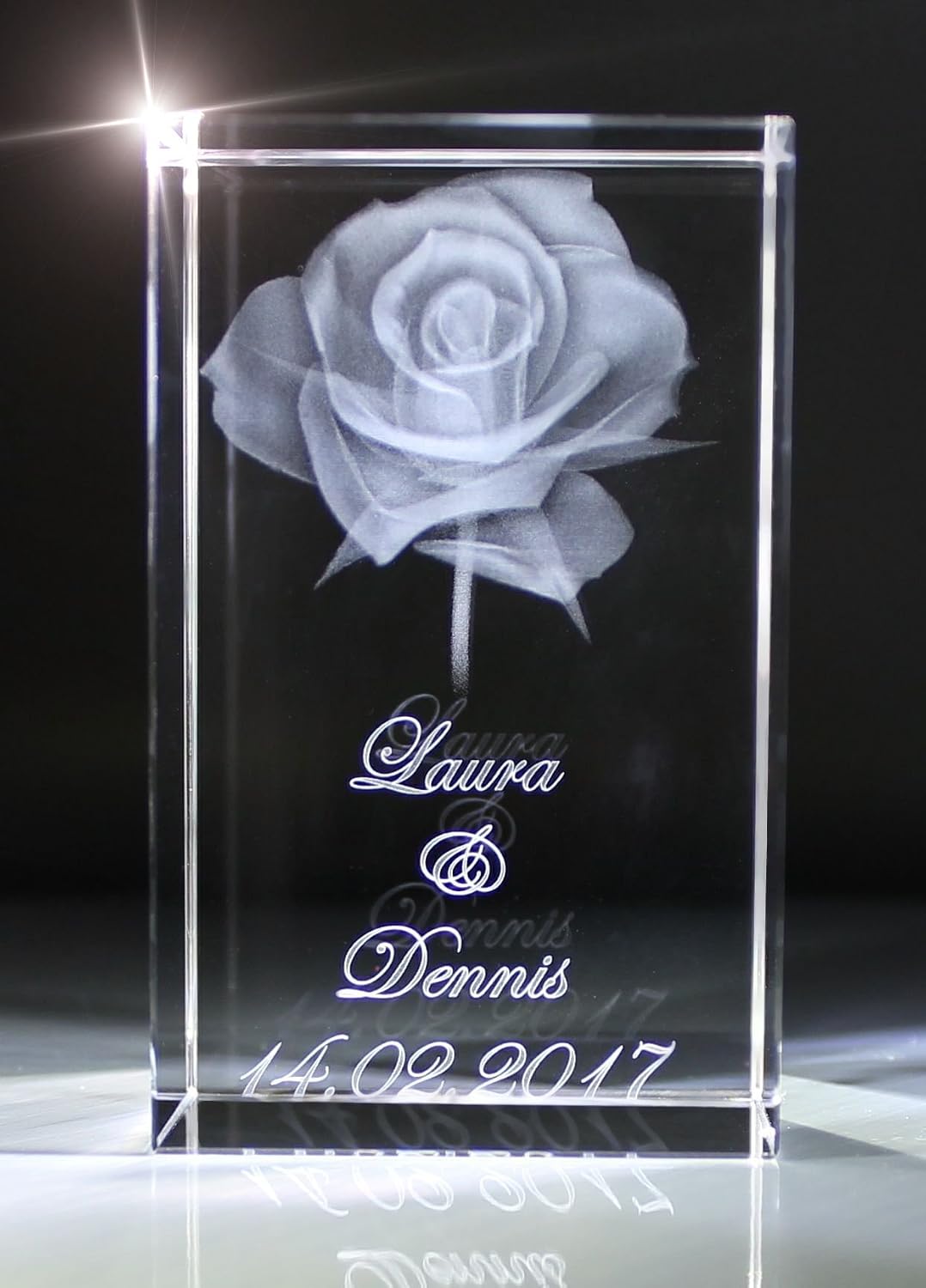 VIP-LASER 3D XL Glass Crystal Cuboid - Rose with Two Names and Date in Portrait Format - For People You Love! – Bild 4