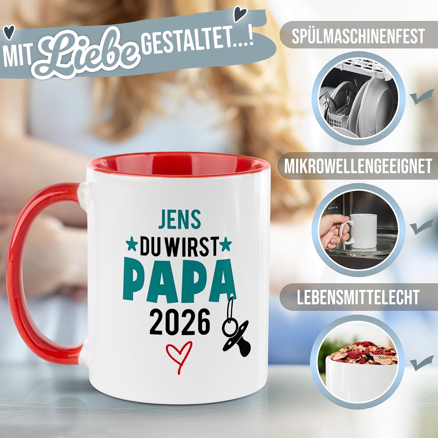 Tassendruck Baby-News Tasse mit Name & Jahr selbst gestalten - Du wirst Papa - Personalisiertes Geschenk zur Schwangerschaft für werdenden Vater - Keramiktasse, 300 ml, Innen & Henkel Rot – Bild 6