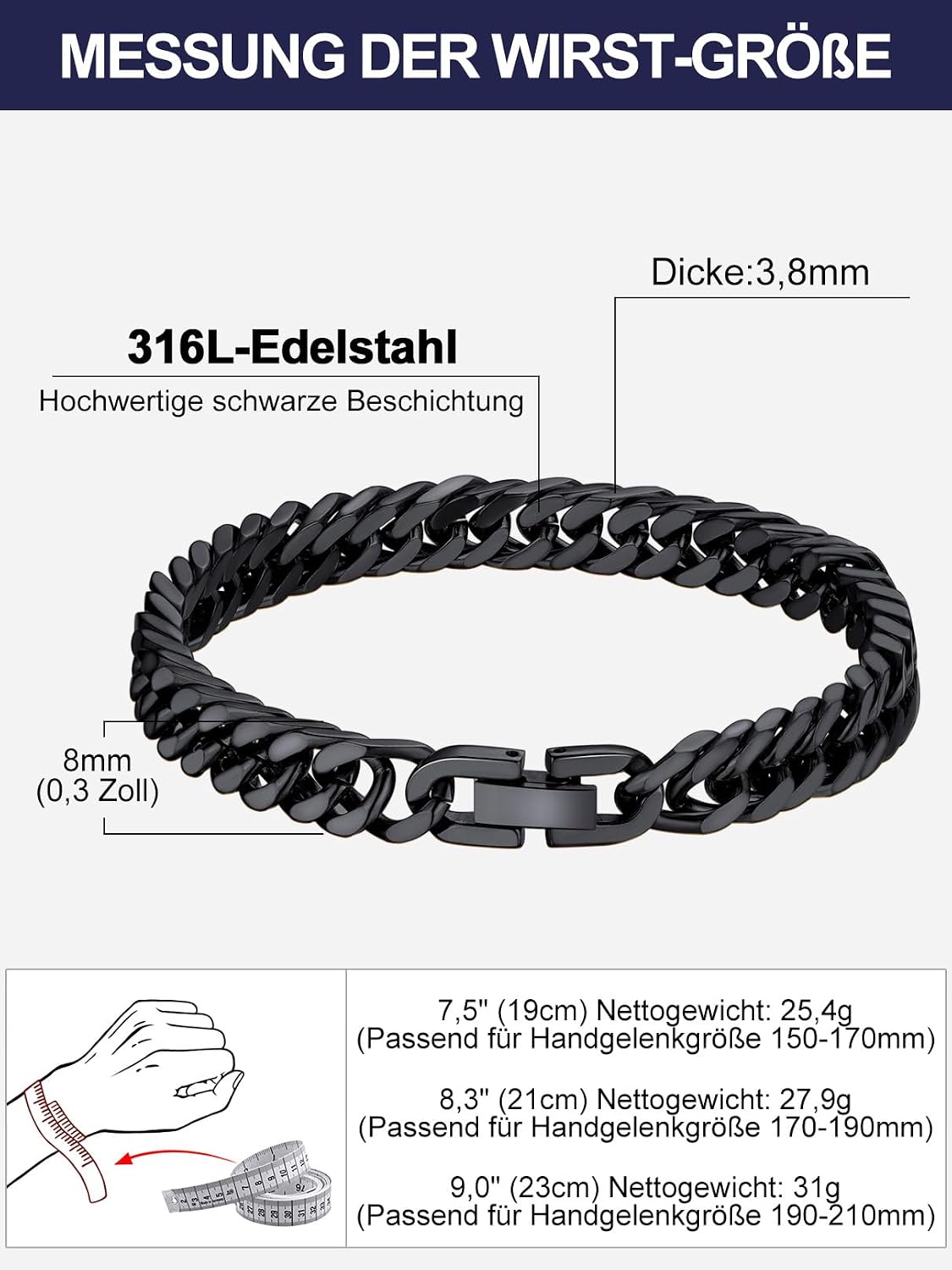 Bandmax Men's Bracelet Stainless Steel Curb Bracelet 6/8/12/17 mm Solid Cuban Link Bracelet 19/21/23 cm Heavy Curb Chain Bracelet with Folding Clasp Men's Bangle Jewellery for Birthday Father's Day – Bild 6