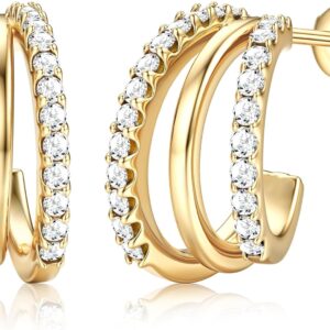 Dochais 14K Gold Plated Large Cubic Zirconia Hoop Earrings, 925 Sterling Silver Pin, Silver and Gold Huggie Earrings, Fashion Hypoallergenic Jewelry for Girls and Women