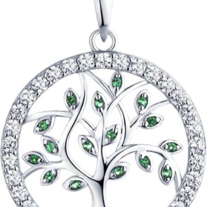 YL Women’s Tree of Life Pendant with Chain, 925 Sterling Silver, Simulated Emerald/Cubic Zirconia Necklace for Women/Girls/Mother, Chain Length: 45 – 48 cm