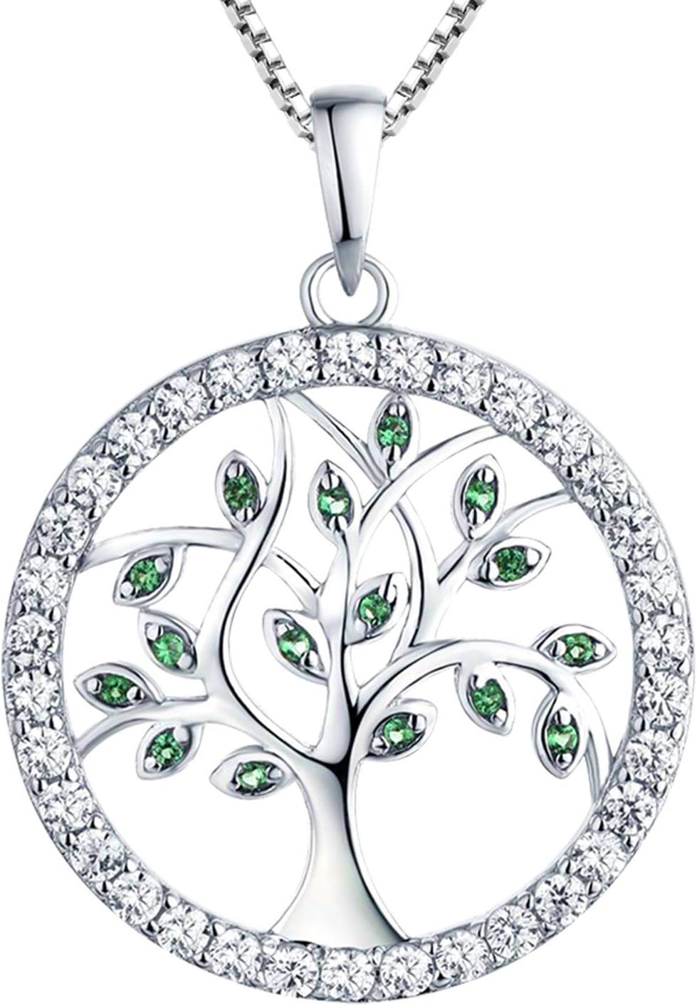 YL Women's Tree of Life Pendant with Chain, 925 Sterling Silver, Simulated Emerald/Cubic Zirconia Necklace for Women/Girls/Mother, Chain Length: 45 - 48 cm