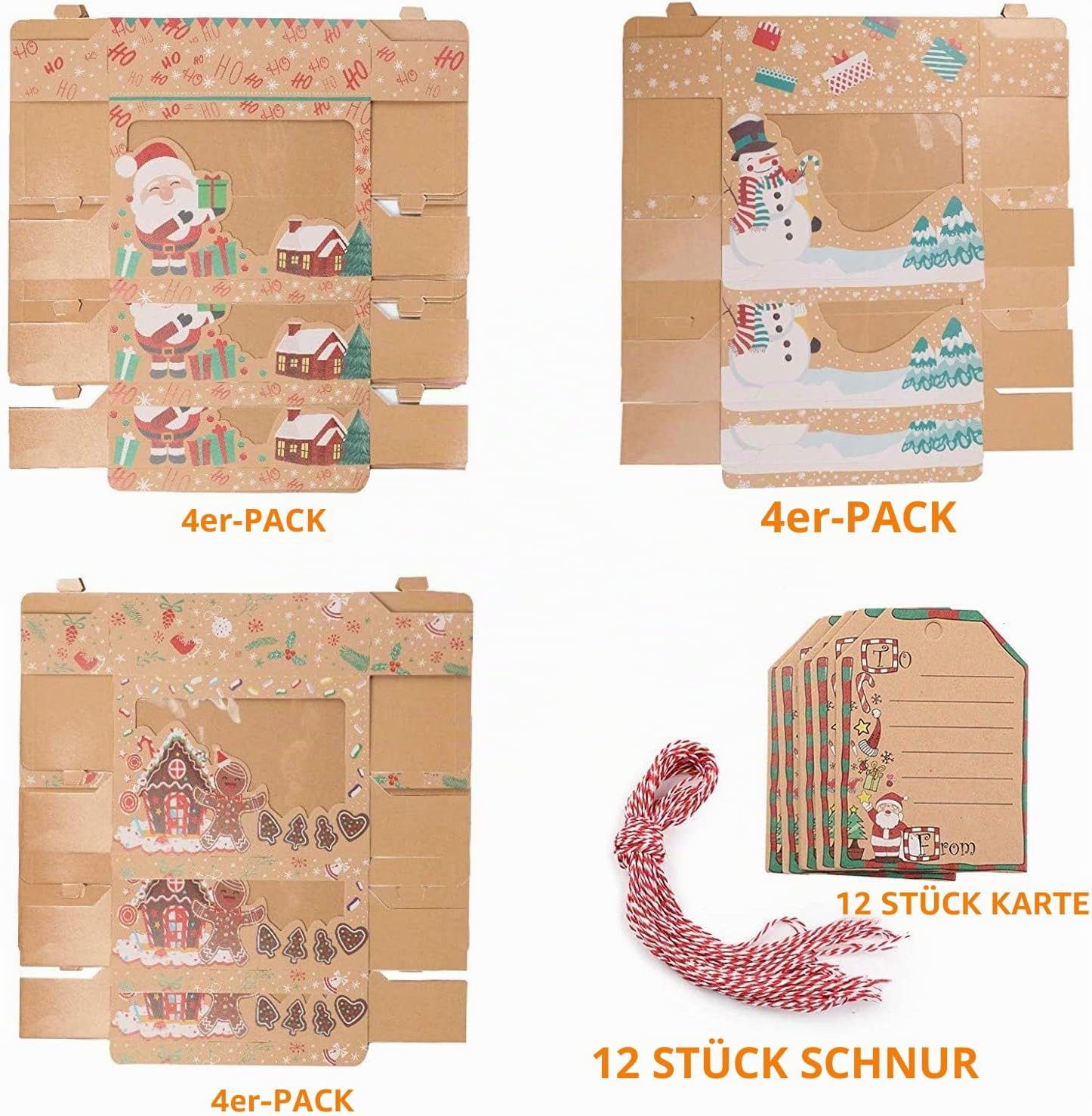 KAHEIGN 12 x Christmas Cookie Boxes, 22 x 15 x 7 cm Christmas Gift Boxes, Biscuit Boxes, Cake Boxes with Window and Tag Cards for Bakes, Chocolate Box Packaging – Bild 3