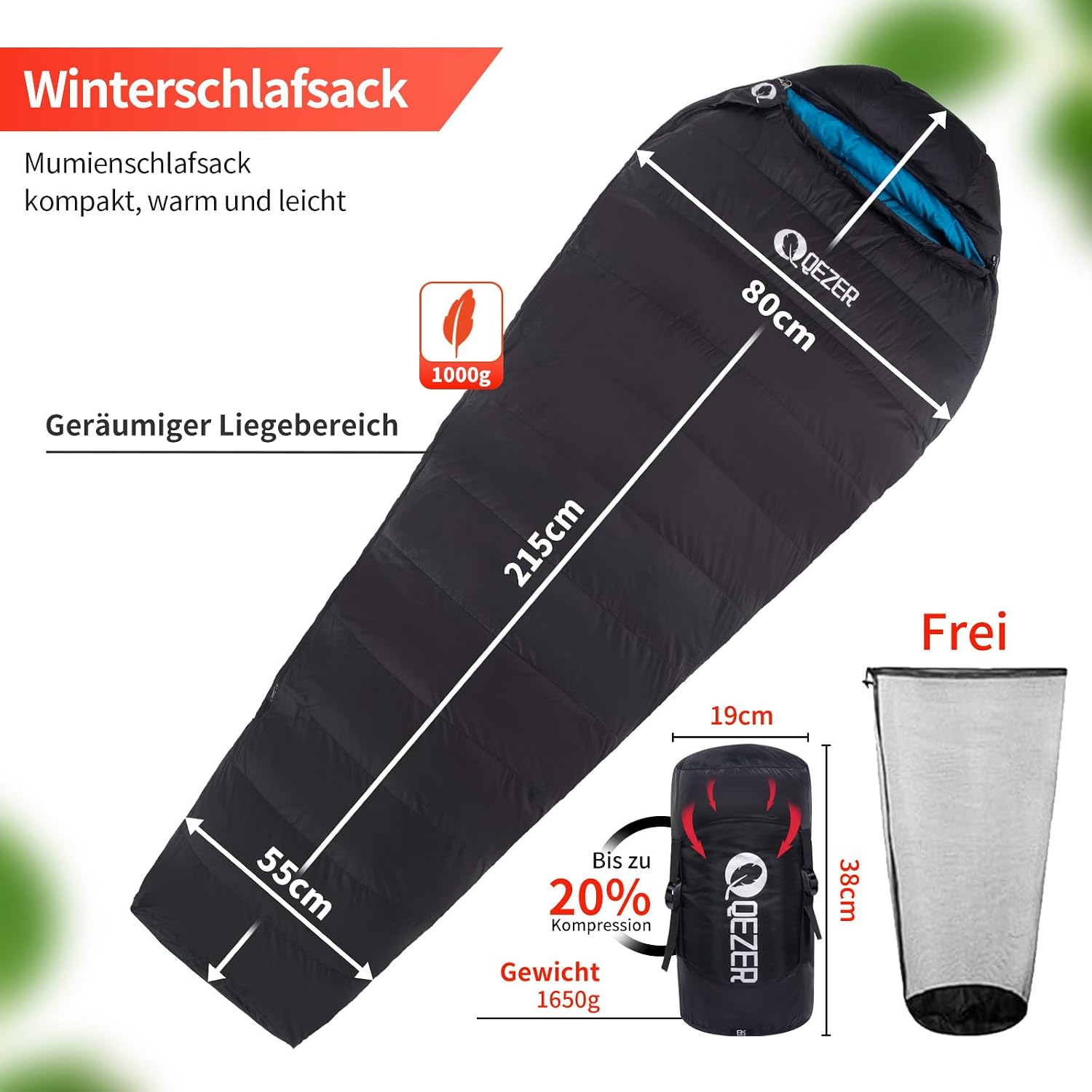 Down Sleeping Bag, Warm Lightweight Winter Sleeping Bag 0 °C to -23 °C for Adults and Children, 4 Seasons, Camping, Outdoor and Indoor – Bild 2