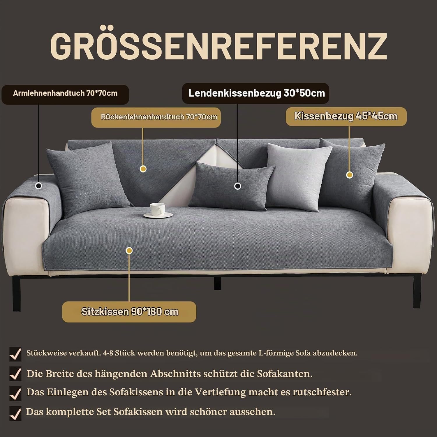 Sofa Cover, Sofa Cover, Sofa Covers for Seat, Sofa Protector Non-Slip, Sofa Cover, Sofa Protection, Cat Dog, Sofa Throw, Couch Cover, U-Shape L Shape for 1 2 3 4 Seater Sofa 70 x 150 cm – Bild 7