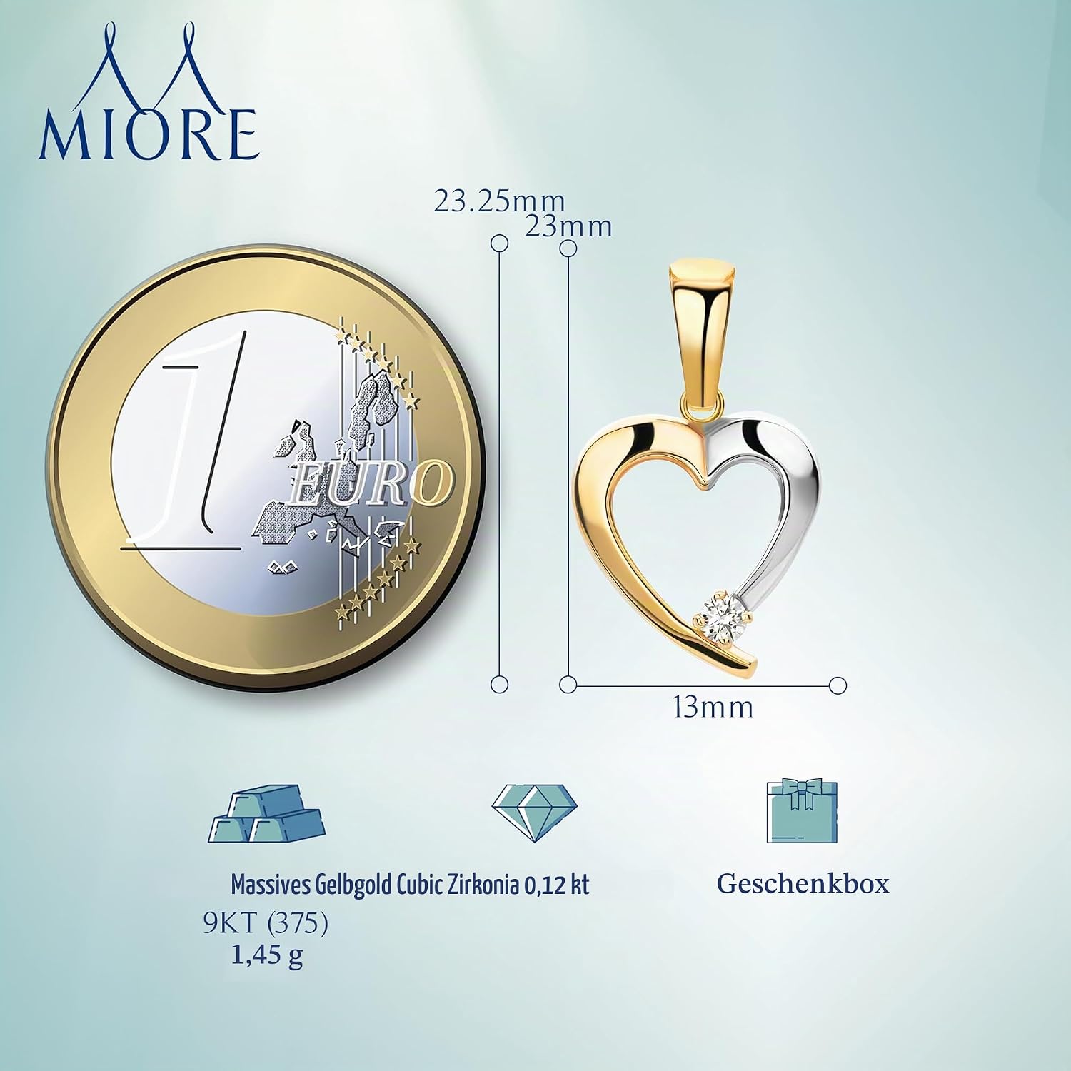 MIORE 9ct Bicolour Yellow Gold / White Gold Heart Pendant (375) - Pendant Gold/with Gold Chain/Silver Chain, Gold Jewellery Women – Bild 2