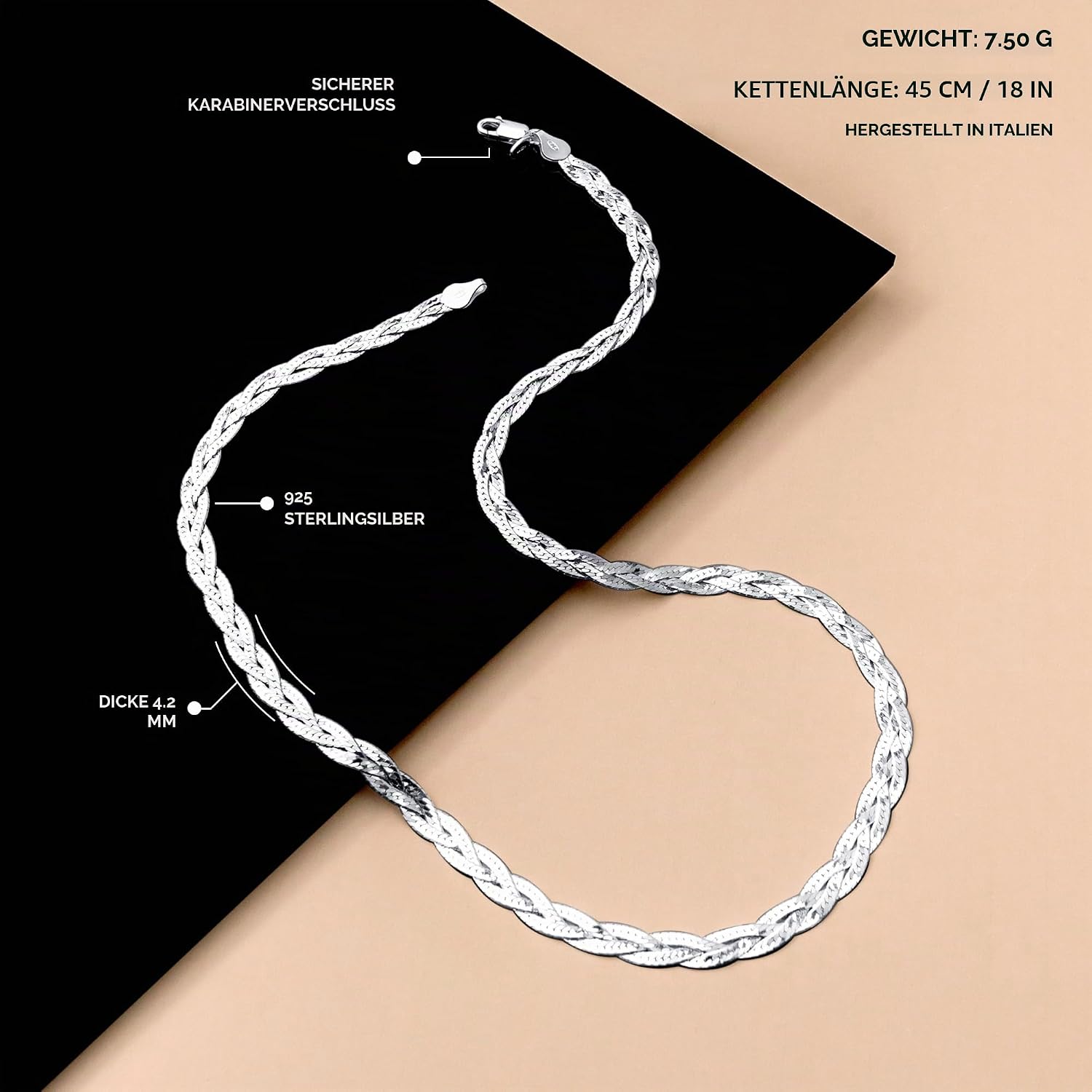 Amberta Ladies 925 Sterling Silver Chain Necklace 5mm Herringbone Design Length 45cm – Bild 5