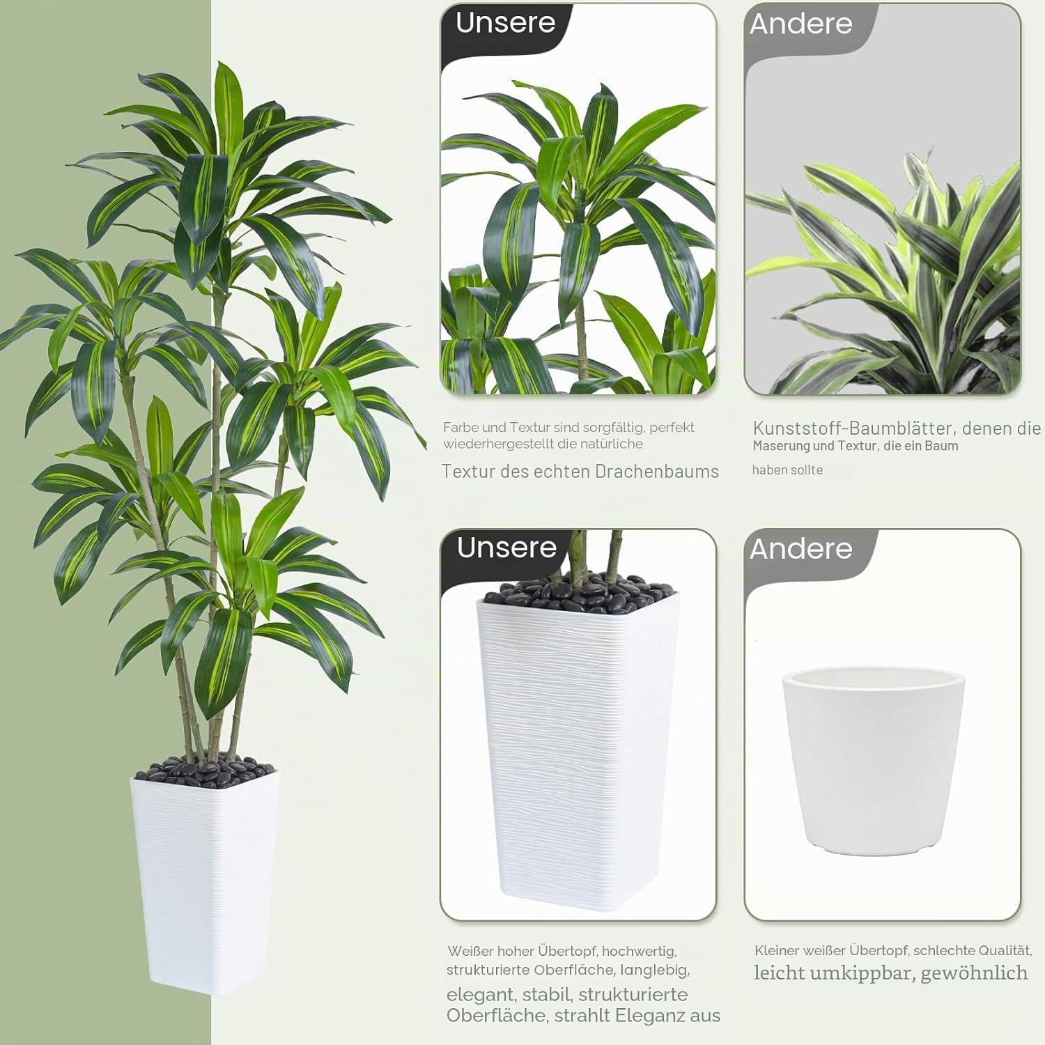 Artificial Dragon Tree Plants 180 cm Artificial Plants Large White Pot – Bild 7