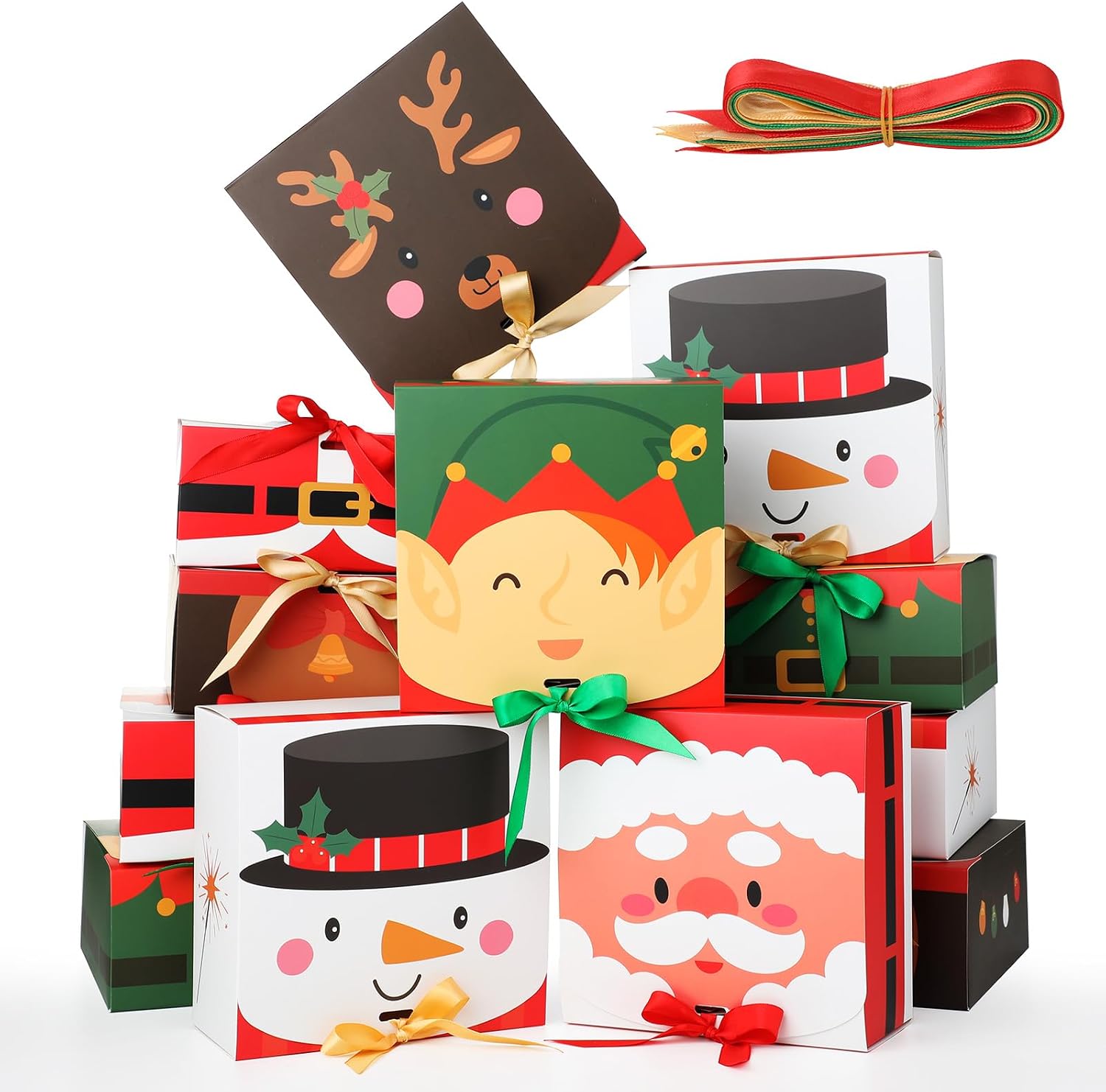 Pack of 12 Christmas Cupcake Boxes 17.5 x 17.5 x 8 cm Christmas Gift Box with Ribbon Cupcake Box Container Cake Muffin Transport Box Pastry Boxes Paper Boxes Bakery Boxes for Cakes Doughnut Pastries