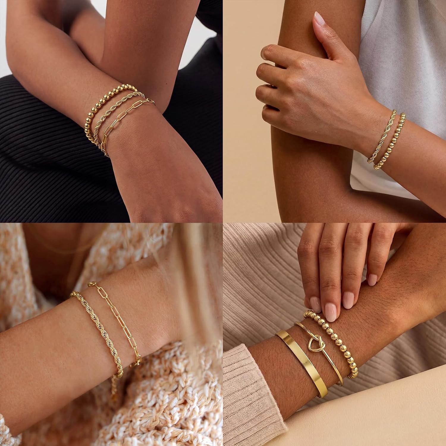 Sweetkiki Pack of 5 Women's Gold 14 Carat Gold-Plated Stainless Steel Stackable Cuff Bracelets Bracelets, Adjustable Beads, Paper Clip, Cuban Chains, Gold Bracelets Set, Stacking Bracelets Jewellery – Bild 5