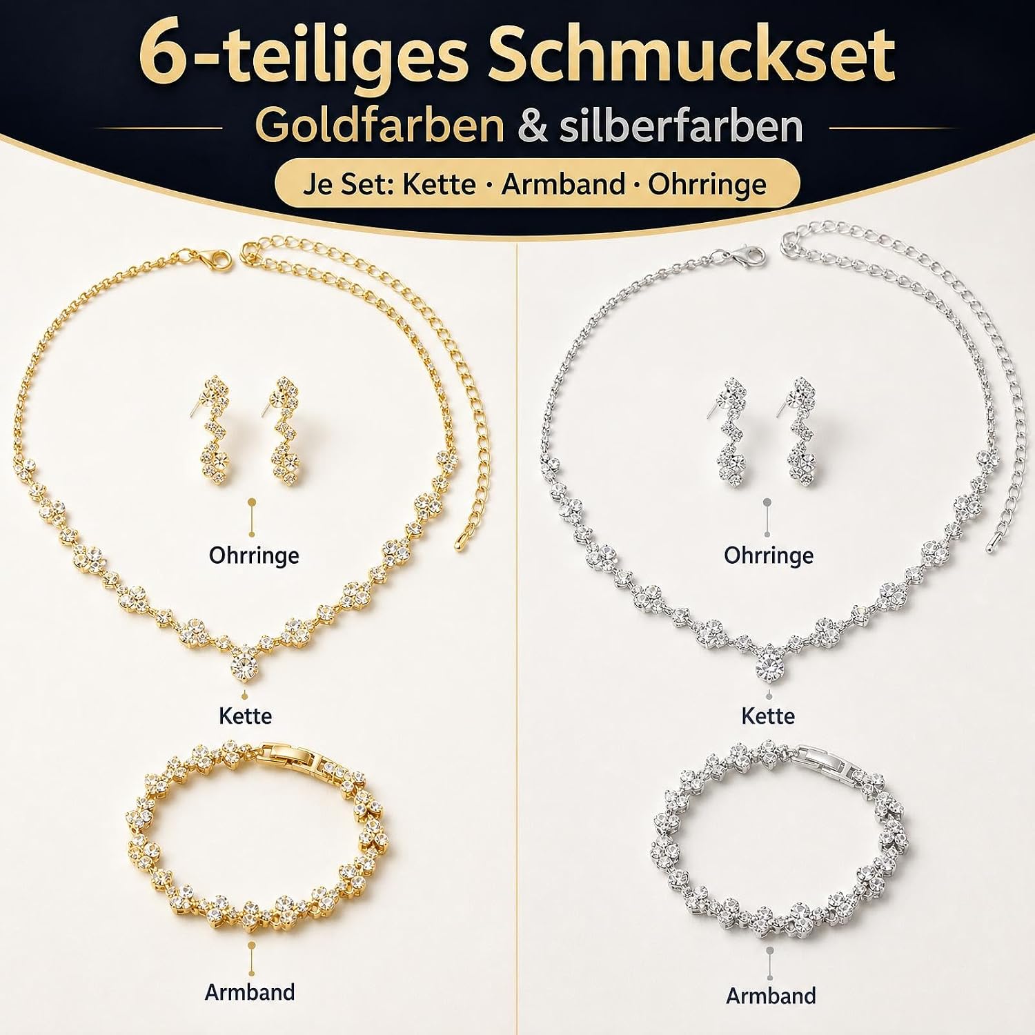 Women's Jewellery Set, Necklace, Bracelet, Earrings, Gold & Silver – Bild 2