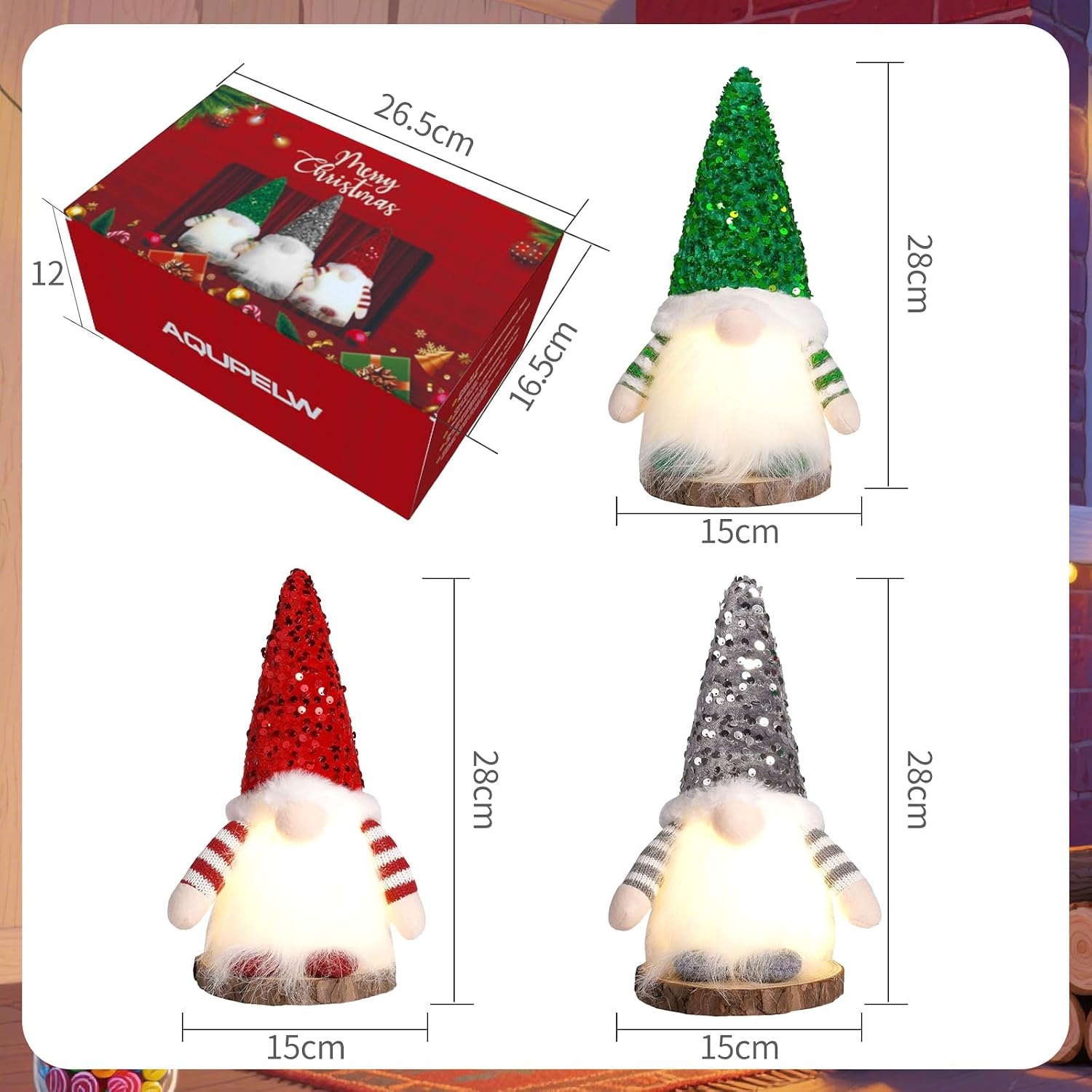 Christmas Decoration Gnome with Light, Pack of 3 - LED Christmas Gnome Figures Made of Plush - Luminous Decorative Gnome with Gift Box Set – Bild 3