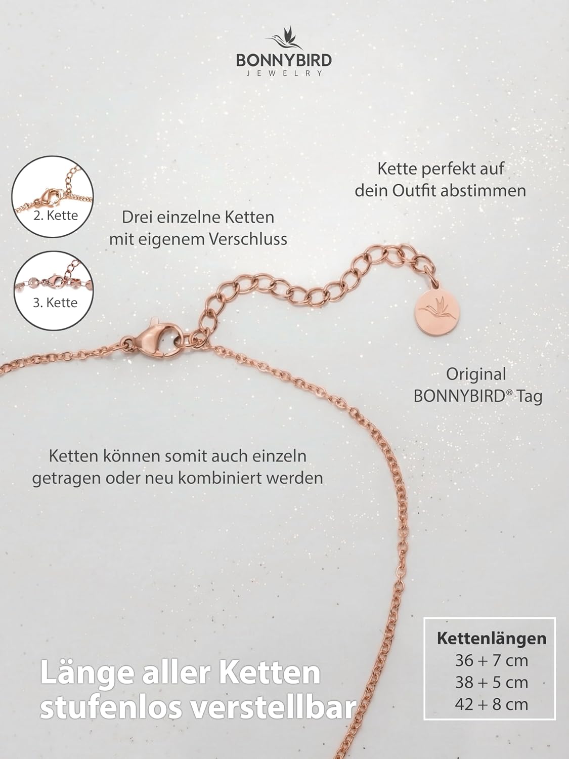BONNYBIRD® Layering Chain Set Made of Premium Stainless Steel - Boho Chain Women's in Silver, Gold & Rose Gold, 100% Waterproof & Skin-Friendly BonnyTrio – Bild 5