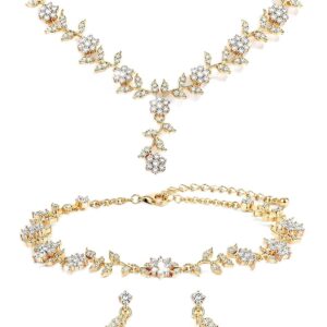 Women's Gold Jewellery Set for Wedding Bride, Vintage Gold Jewellery with Drops Zirconia Leaf Vine, Jewellery Set Gold, Waterproof Jewellery