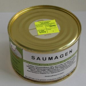 Saumagen in 400 g tin, can sausage for 6 months, chilled in the fridge, antibiotic-free cultivation. Landmetzgerei Sandritter