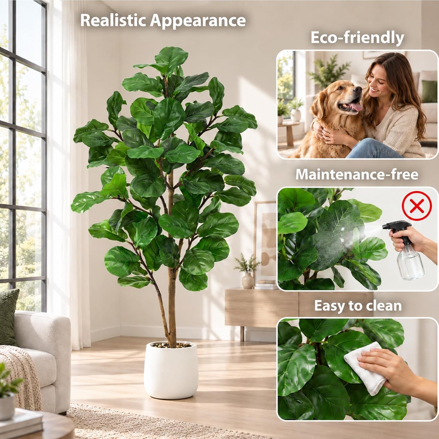 Artificial Plant Fiddle Ficus Tree 150 cm, Artificial Plants Large with White Pot and Decorative Pebbles, Artificial Plants Like Real for Decoration of Offices, Living Rooms and Bedrooms – Bild 6
