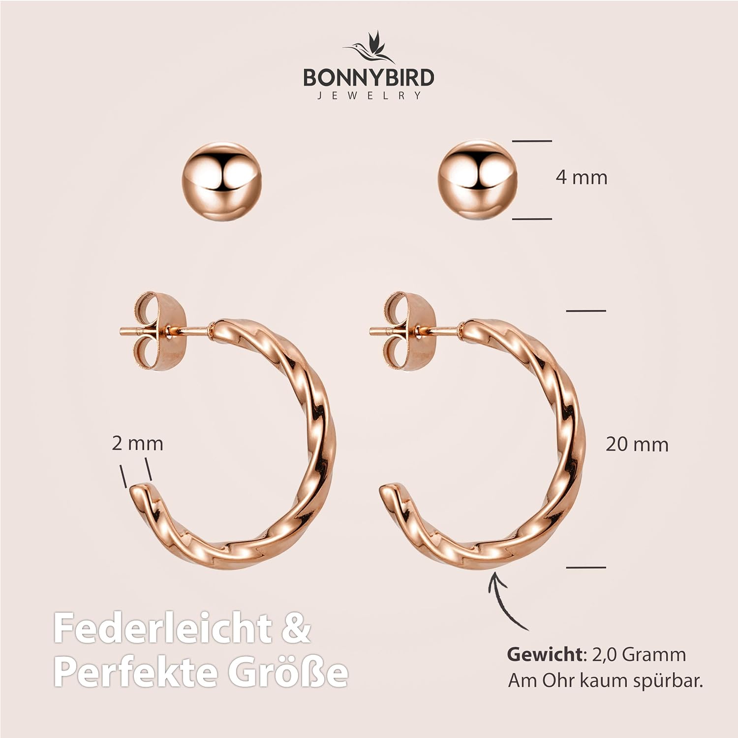 BONNYBIRD® Wasserfeste Edelstahl Ohrringe Damen in Silber, Gold & Roségold, Hypoallergen dank medizinischem Chirurgenstahl, Extra Leicht – Bild 5