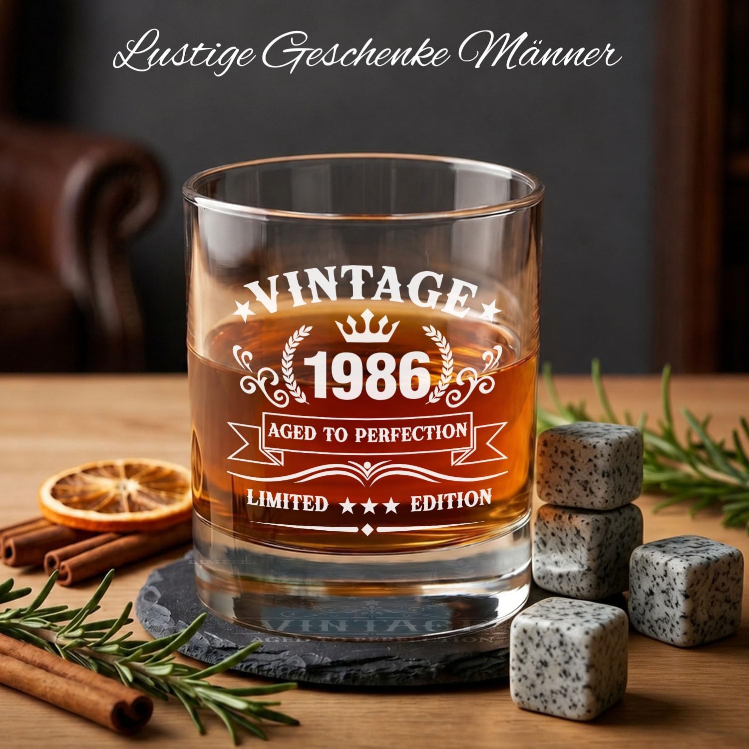 40th Birthday for Men, Vintage 1986 Birthday Gifts Men, 40th Birthday Gift Box with Whisky Stones, Cup, Socks, Keyring, Candle & Card, Gift for Husband, Dad, Boyfriend – Bild 4