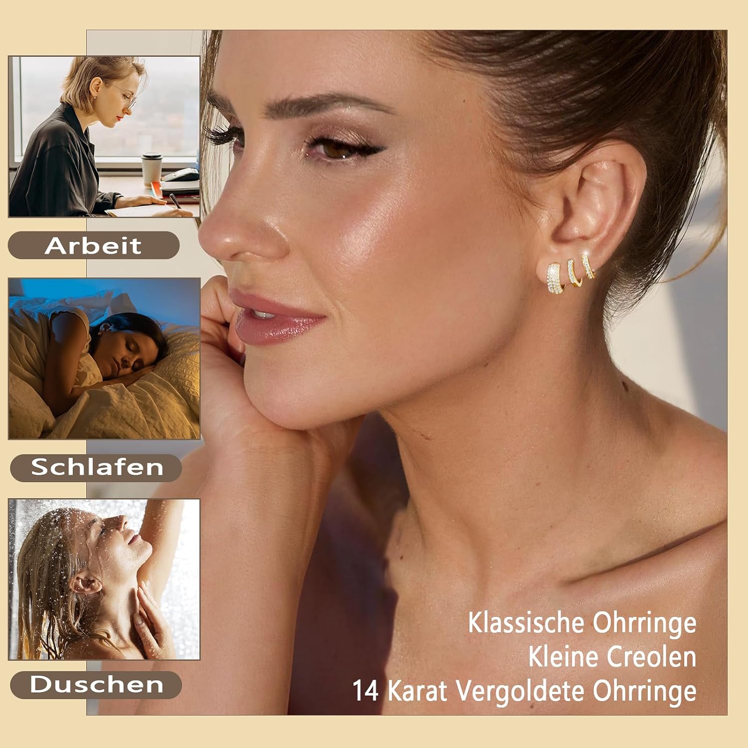 3 Paare Creolen Silber Set 14K Vergoldete Ohrringe für Damen – Bild 5