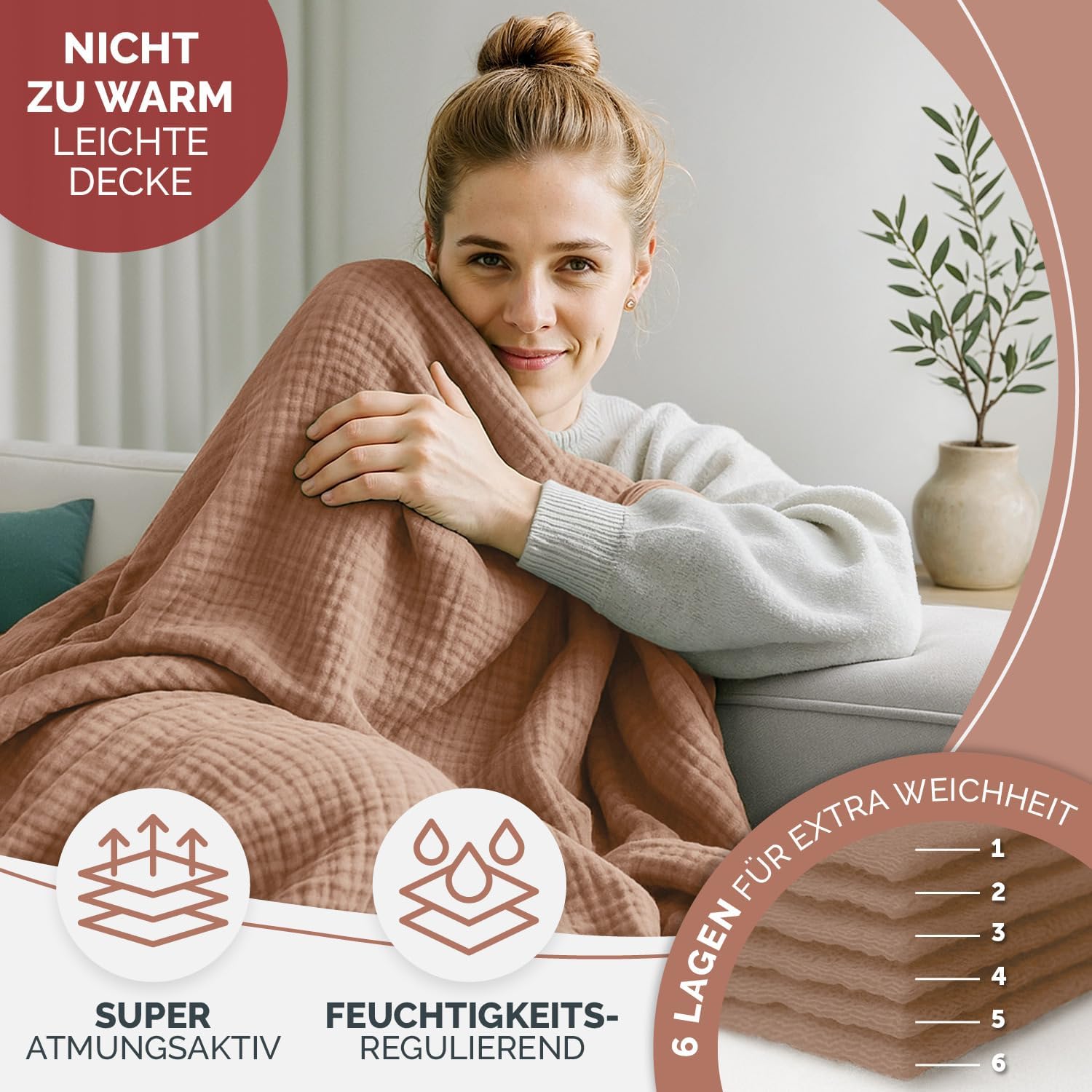 Blumtal Tagesdecke Baumwolle 220x240 cm - Musselin Decke Oeko-TEX Zertifiziert - Bettüberwurf 220x240 - Couch Überwurf - Kuscheldecke Baumwolle 100% - Überwurf Bett - Tagesdecke Couch in Copper – Bild 4