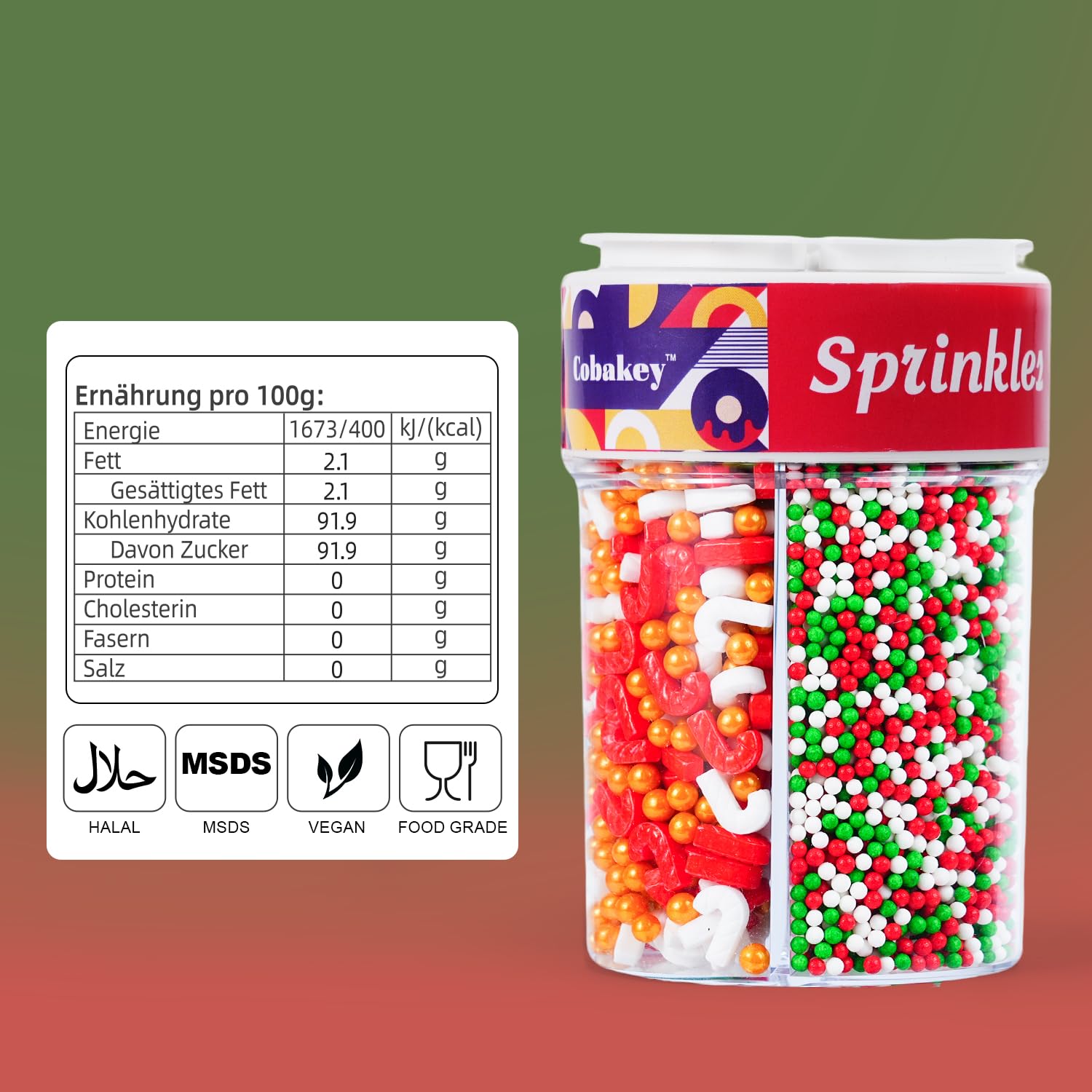 Christmas Cake Sprinkles 185 g - Edible Decoration Sweets with Holly Berries, Candy Canes & Snowflakes for Cookies, Cupcakes and Pastries - Red/White/Green Sugar – Bild 2