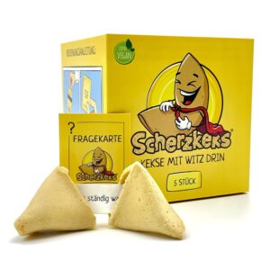 Scherzkeks Box of 5 Biscuits with Joke Question and Answer in Lucky Biscuit, Funny Gift Idea Made in Germany, for Birthdays, JGA, Family Celebrations, Christmas, New Year’s Eve
