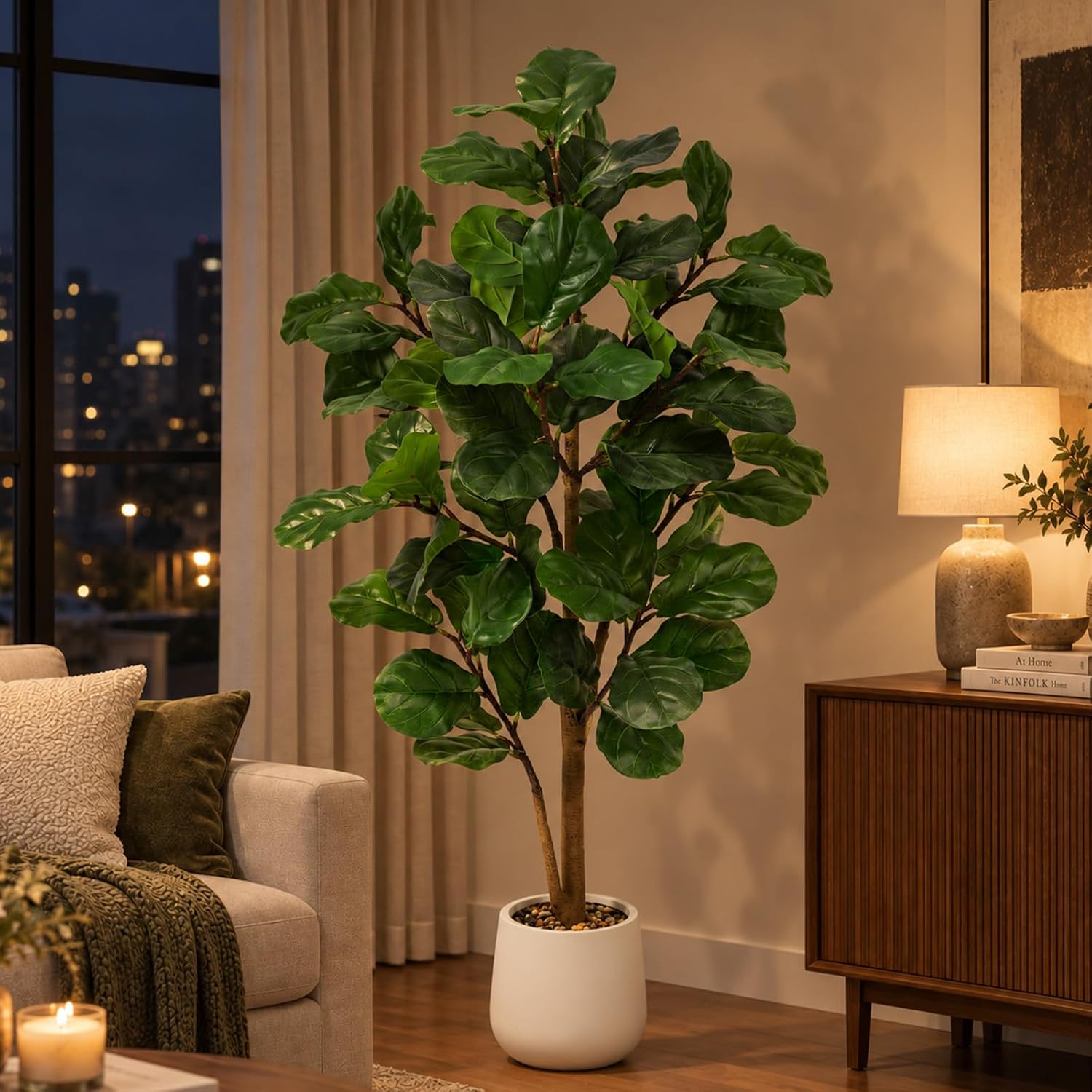 Artificial Plant Fiddle Ficus Tree 150 cm, Artificial Plants Large with White Pot and Decorative Pebbles, Artificial Plants Like Real for Decoration of Offices, Living Rooms and Bedrooms – Bild 4