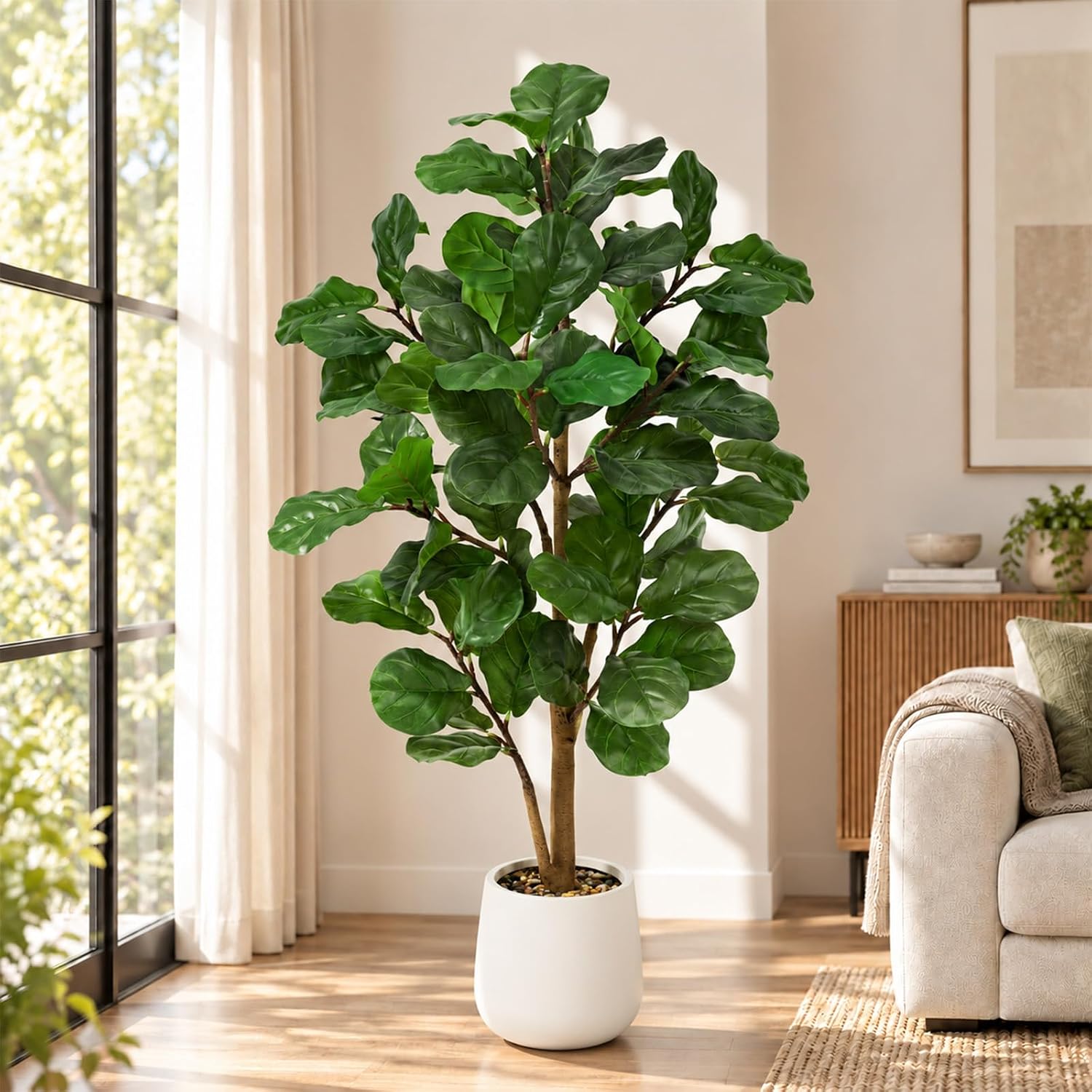 Artificial Plant Fiddle Ficus Tree 150 cm, Artificial Plants Large with White Pot and Decorative Pebbles, Artificial Plants Like Real for Decoration of Offices, Living Rooms and Bedrooms – Bild 7
