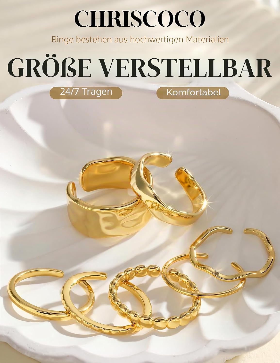 Chriscoco Women's 14K Gold-Plated Open Rings Stacking Rings Chunky Minimalist Ring Set Finger Ring Wedding Rings Engagement Ring Promise Jewellery Gifts for Women Pack of 7 – Bild 4