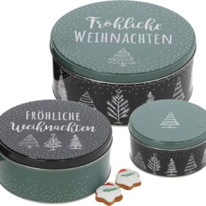 Spetebo Metal Pastry Box Set of 3 Green – Merry Christmas – Round Biscuit Tins Stackable Inside Each Other – Cookies Biscuit Pastry Storage Gift Tin Stackable Inside Each Other