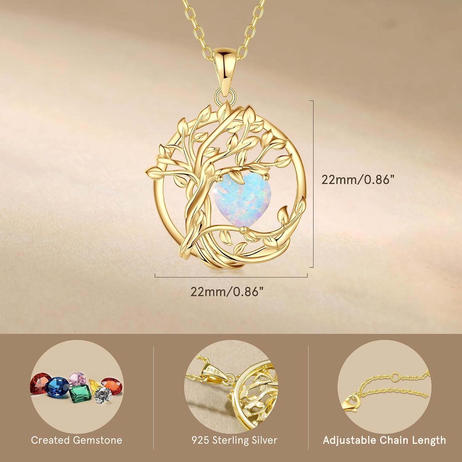 FANCIME Tree of Life Necklace for Women, Yellow Gold Plated Tree of Life Gemstone Pendant Necklace, Jewellery Gifts for Women, Girls, Chain Length: 40 + 5 cm – Bild 3