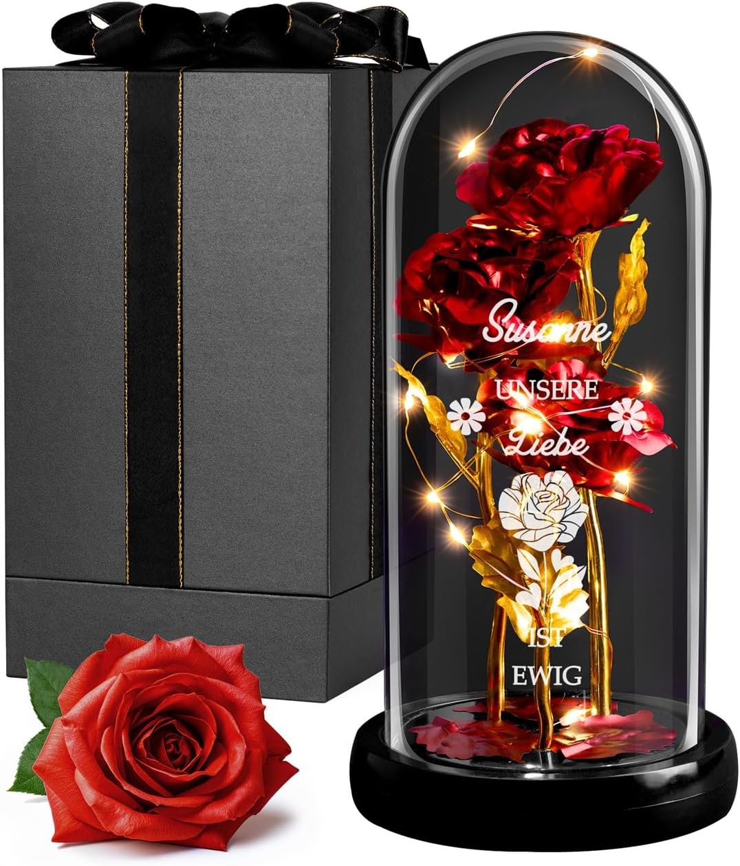 Maverton Red Eternal Rose with LED Lighting in Glass with Engraving