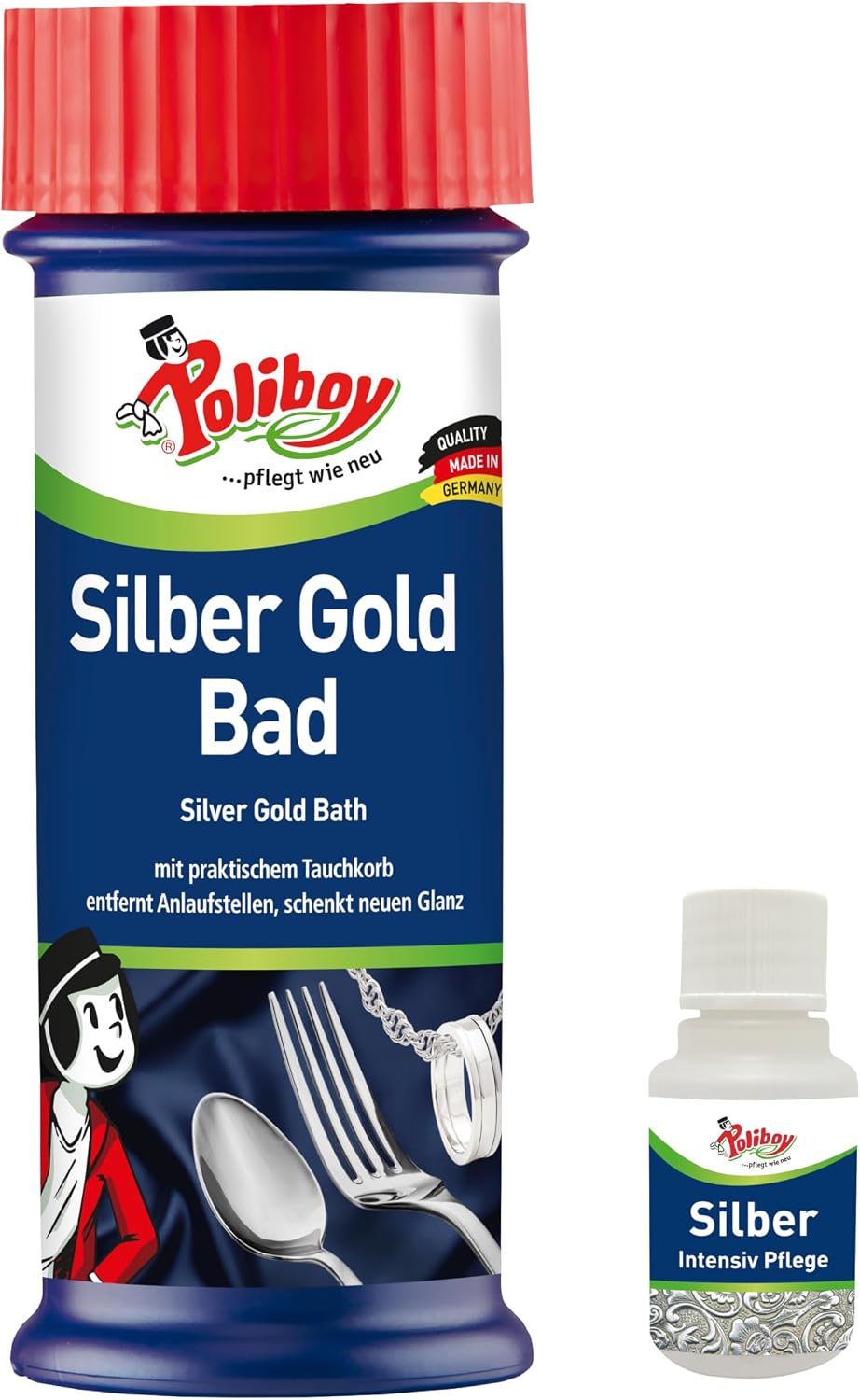 Poliboy Silver Gold Bath - Dip Bath for Shine Refreshing - Removes Dark Tarnish Points and Gives Jewellery New Shine - 1 x 375 ml - Includes Product Sample - Made in Germany