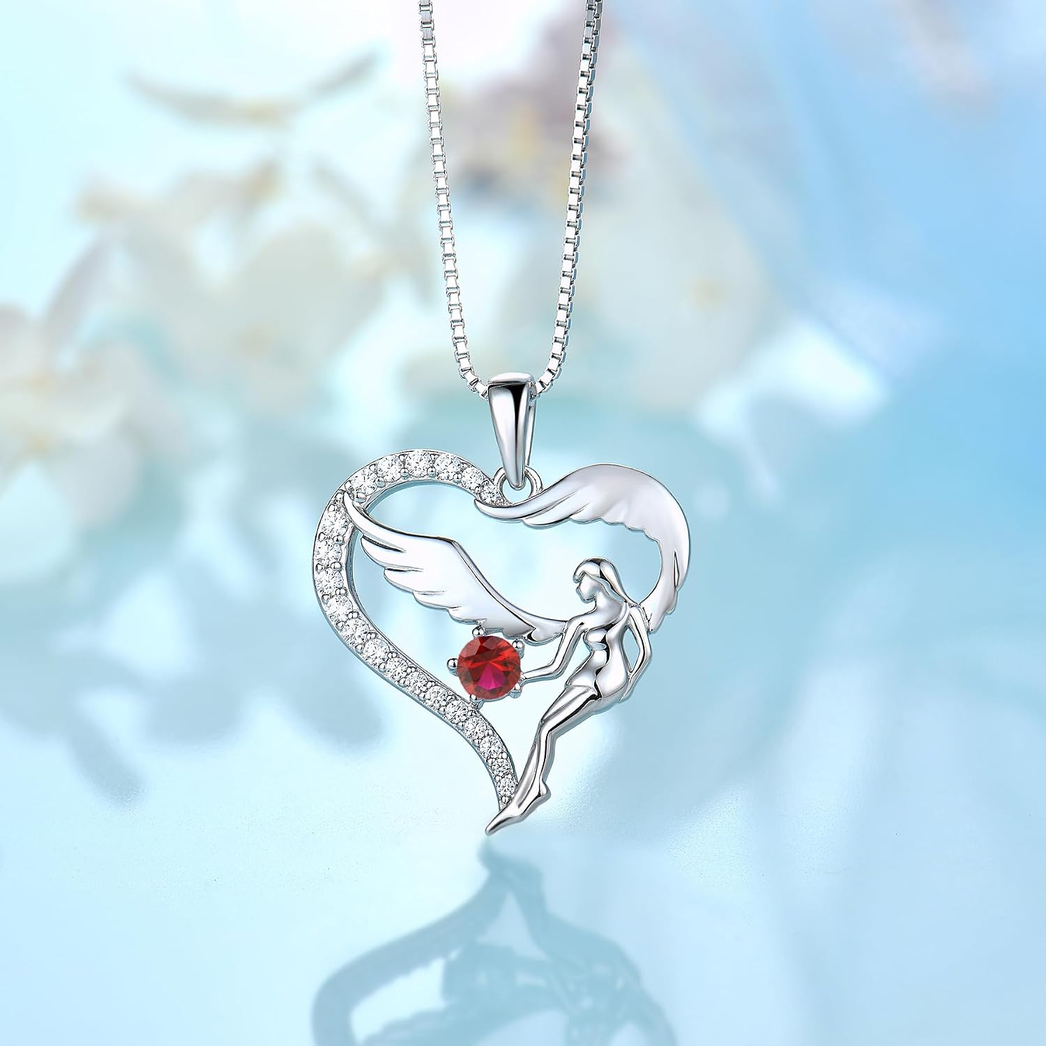 FJ Heart Guardian Angel Necklace Women's 925 Sterling Silver Angel Wings Chain Pendant Birthstone Zirconia Necklace Jewellery Gifts for Women Girls – Bild 3