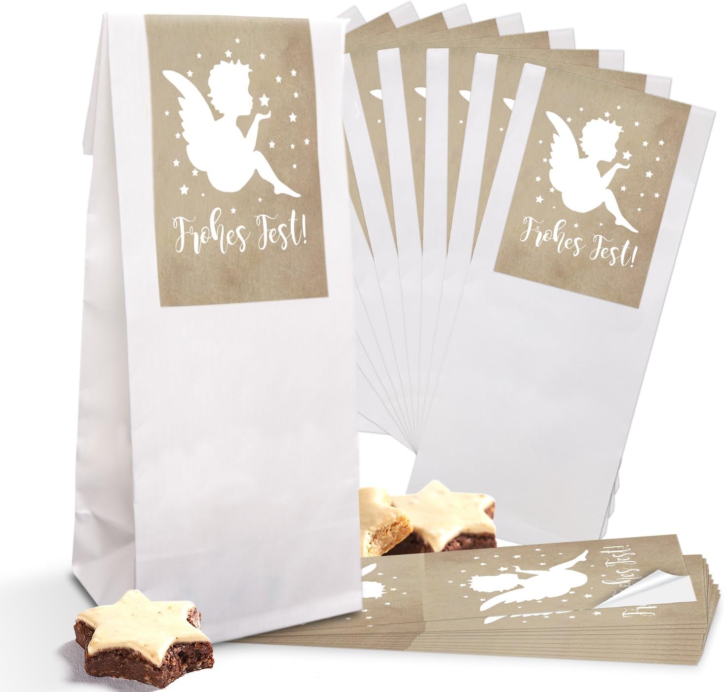 Logbuch-Verlag 25 Small White Paper Bags Christmas Beige Angel 7 x 4 x 20.5 cm Stickers Pastry Food Cookies Chocolates Packaging for Filling