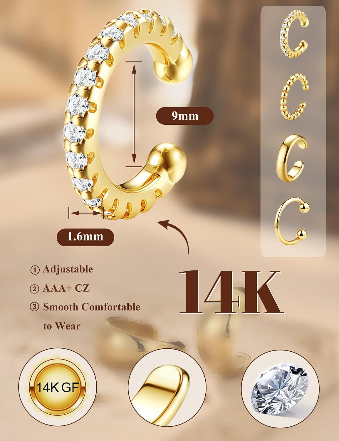 Morfetto Ear Cuff Set for Women Without Piercing - 4 Pairs 14K Gold-Plated Ear Cuffs Fake Helix Non-fading Cartilage Earrings for Unpierced Use, Adjustable Ear Cuffs in Gift Box – Bild 3