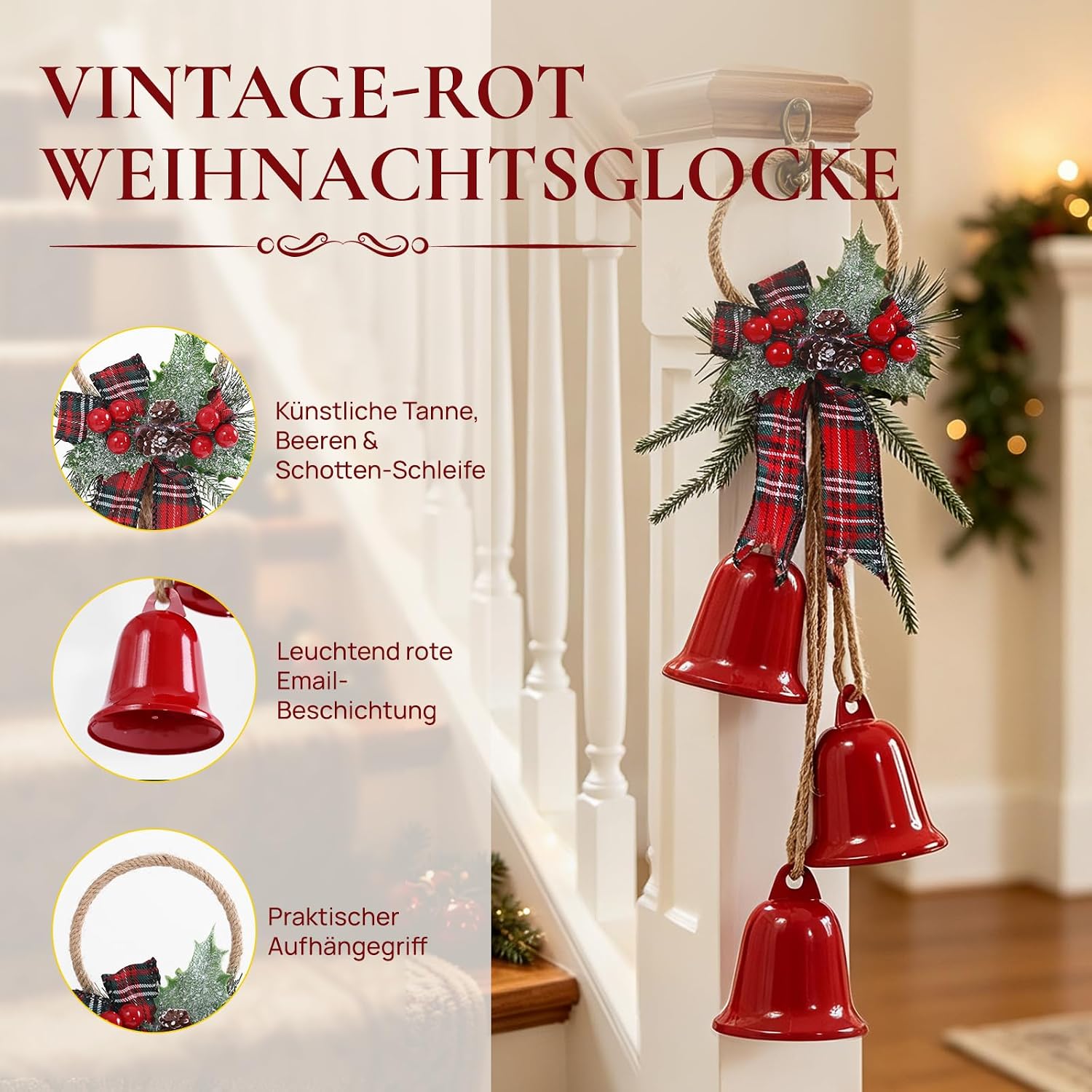 Red Christmas Bells Hanging 3 Large Rustic Bells with Jute Rope – Bild 3