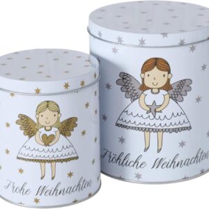CasaJame Set of 2 Metal Biscuit Tins White with Angel Merry Christmas Golden Silver Stars Assorted Height 13-16 cm