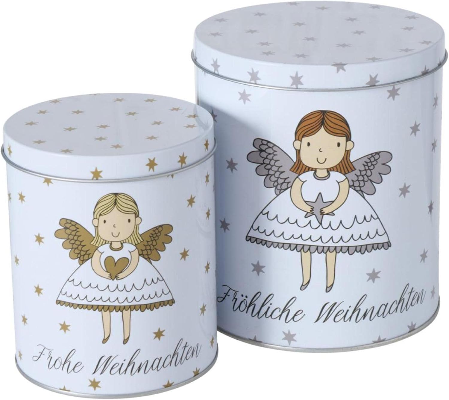 CasaJame Set of 2 Metal Biscuit Tins White with Angel Merry Christmas Golden Silver Stars Assorted Height 13-16 cm