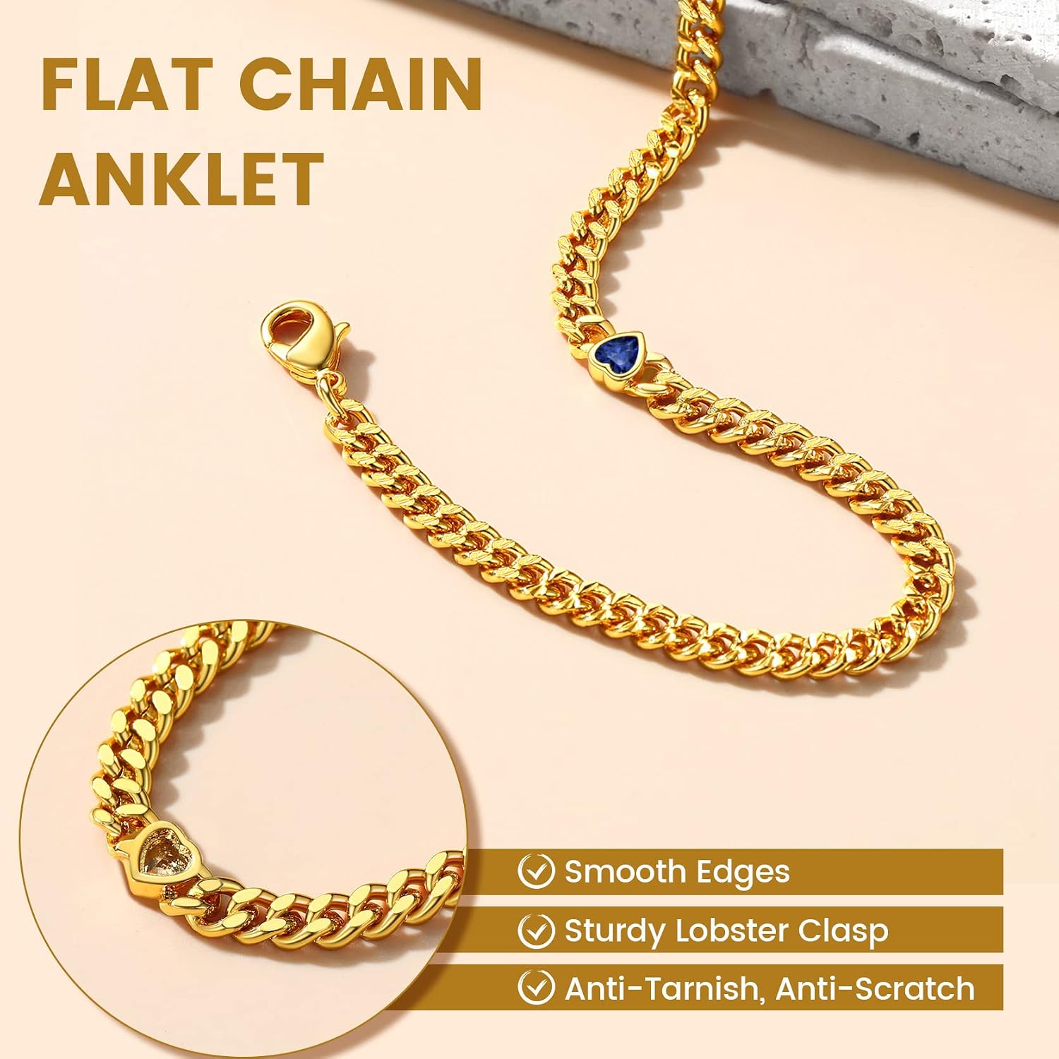 GoldChic Anklet Women's Gold Anklet for Women Girls 4 mm Wide Classic Curb Chain Anklet Bracelet Zirconia Anklet 22 cm + 5 cm Adjustable Summer Beach Foot Jewellery – Bild 5