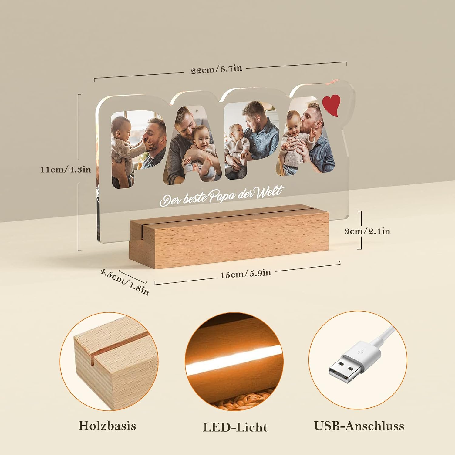 iDIY Personalised Gifts Dad Lamp - Gift Ideas for Father's Day, LED USB Night Light with Photo, Gifts for Dad Daughter Son, Glass Photo Album, Various Sockets to Choose From – Bild 4