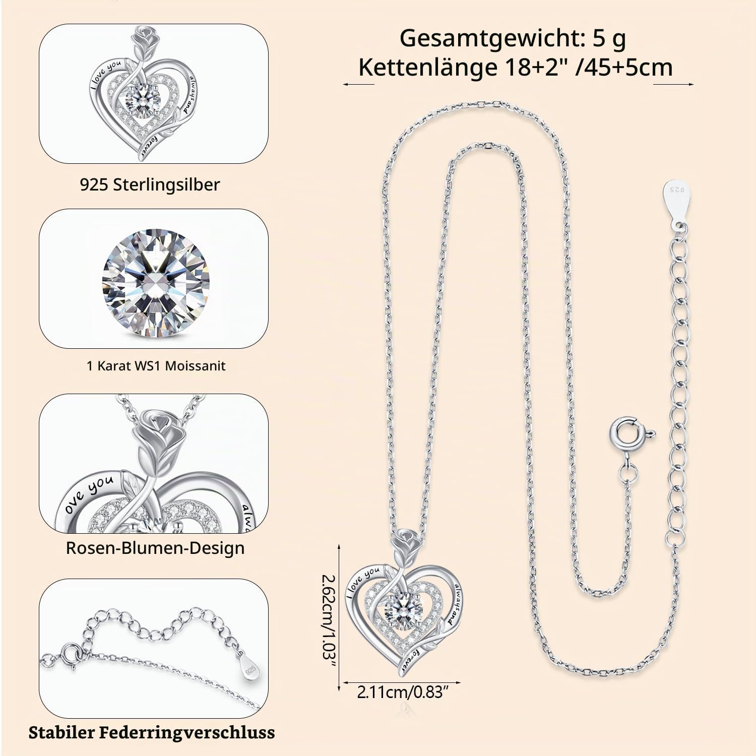 LAVUMO Moissanite Halskette Damen Silber 925 Herz Rose Schmuck Geschenke – Bild 5