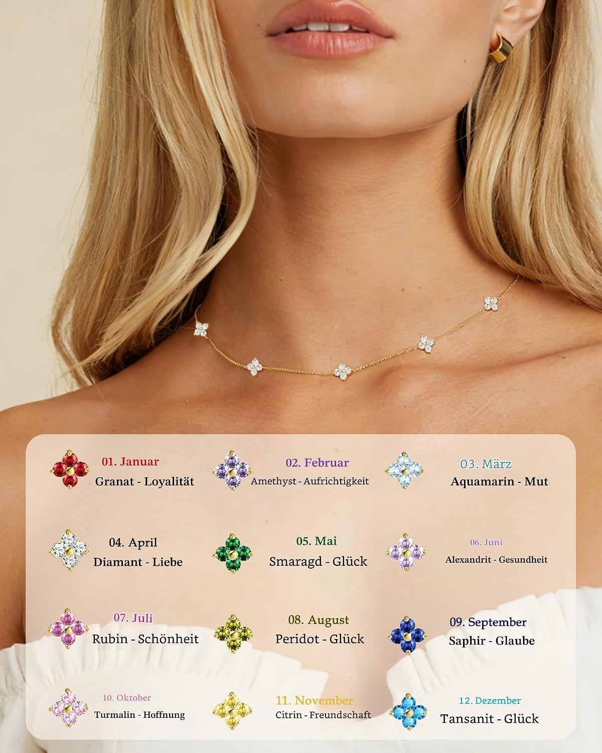 FUNEIA Women's Gold Necklace 18 Carat Gold-Plated with Birthstone Pendant Waterproof Gold Chain with Clover Leaf Adjustable Golden Chain for Girlfriend Women Girls Gold Jewellery Birthday Gift – Bild 8